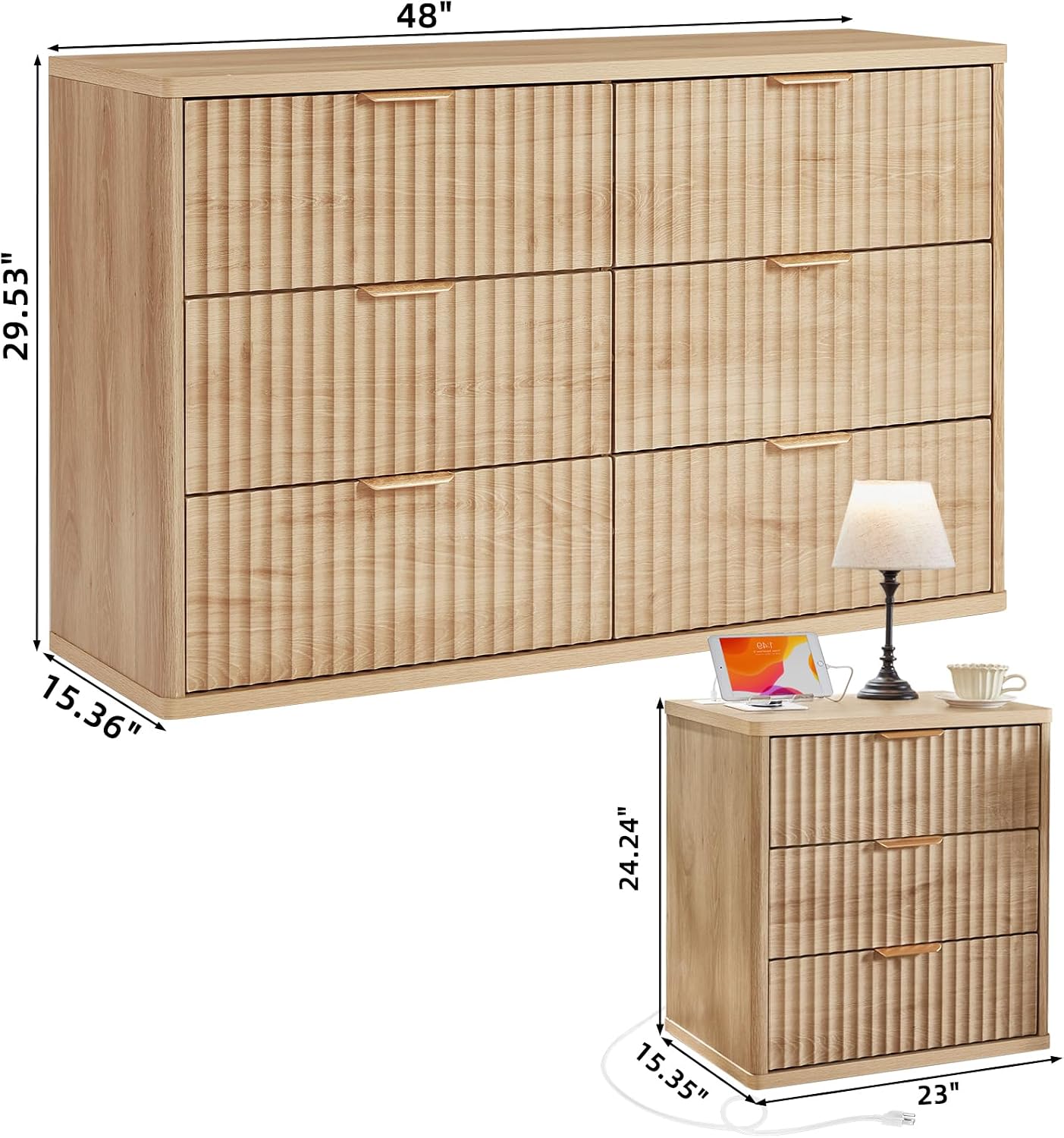 LEYAOYAO Fluted Dresser and 3 Drawers Nightstand Set of 2, Wood 48' Wide Dresser & 23' Night Stand with Charging Station, 3 Piece Bedroom Furniture Set, Chest of Drawers for Home,Living Room,Wood