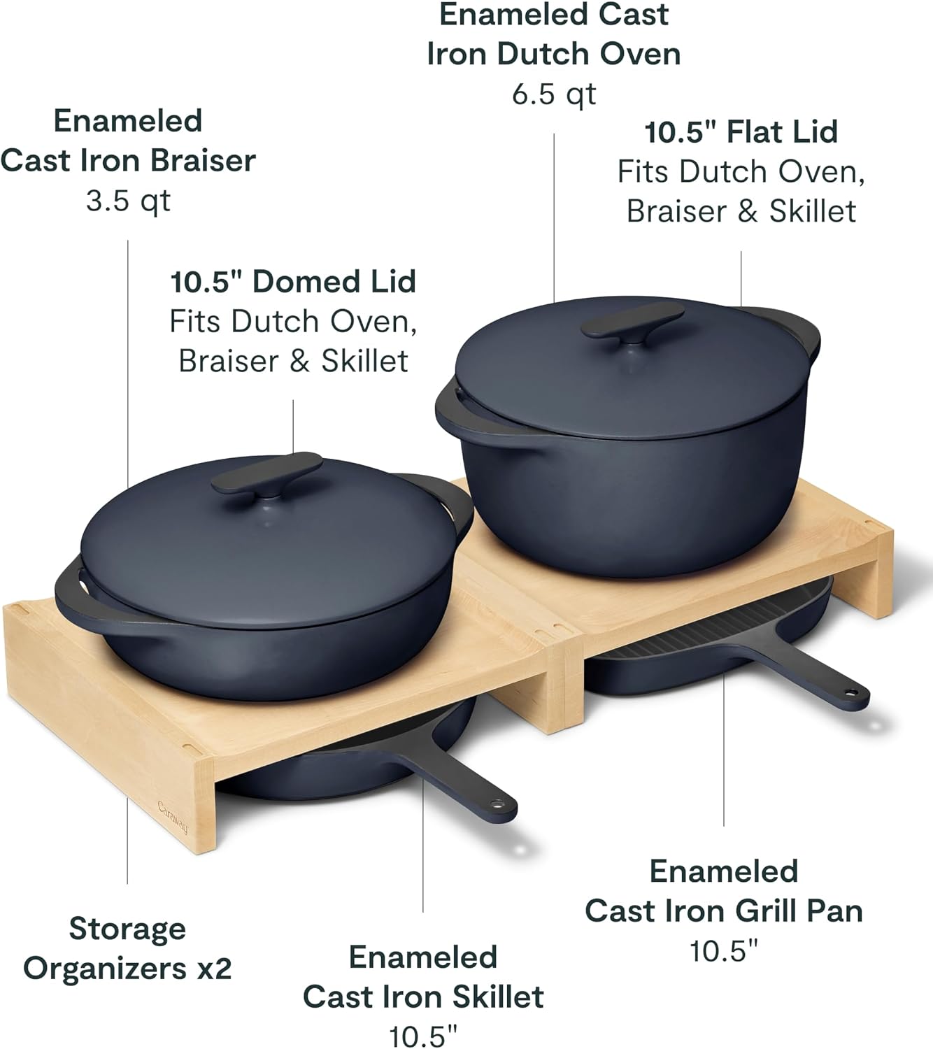 Caraway 8-Piece Enameled Cast Iron Set - 10.5' Skillet, Grill Pan, 3.5 qt Braiser Pan, 6.5 qt Dutch Oven with Lid and Organizers - Non-Toxic 3-Layer Enamel Coating - No Seasoning Required - Dark Navy