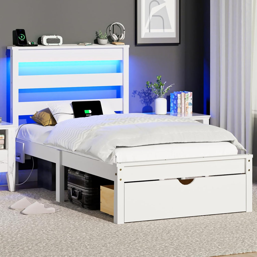 Bonnlo Solid Wood Twin Bed Frames with Headboard Shelf Storage,LED Lights,Charging Station, Platform Bed with Drawer,Easy Assembly,White