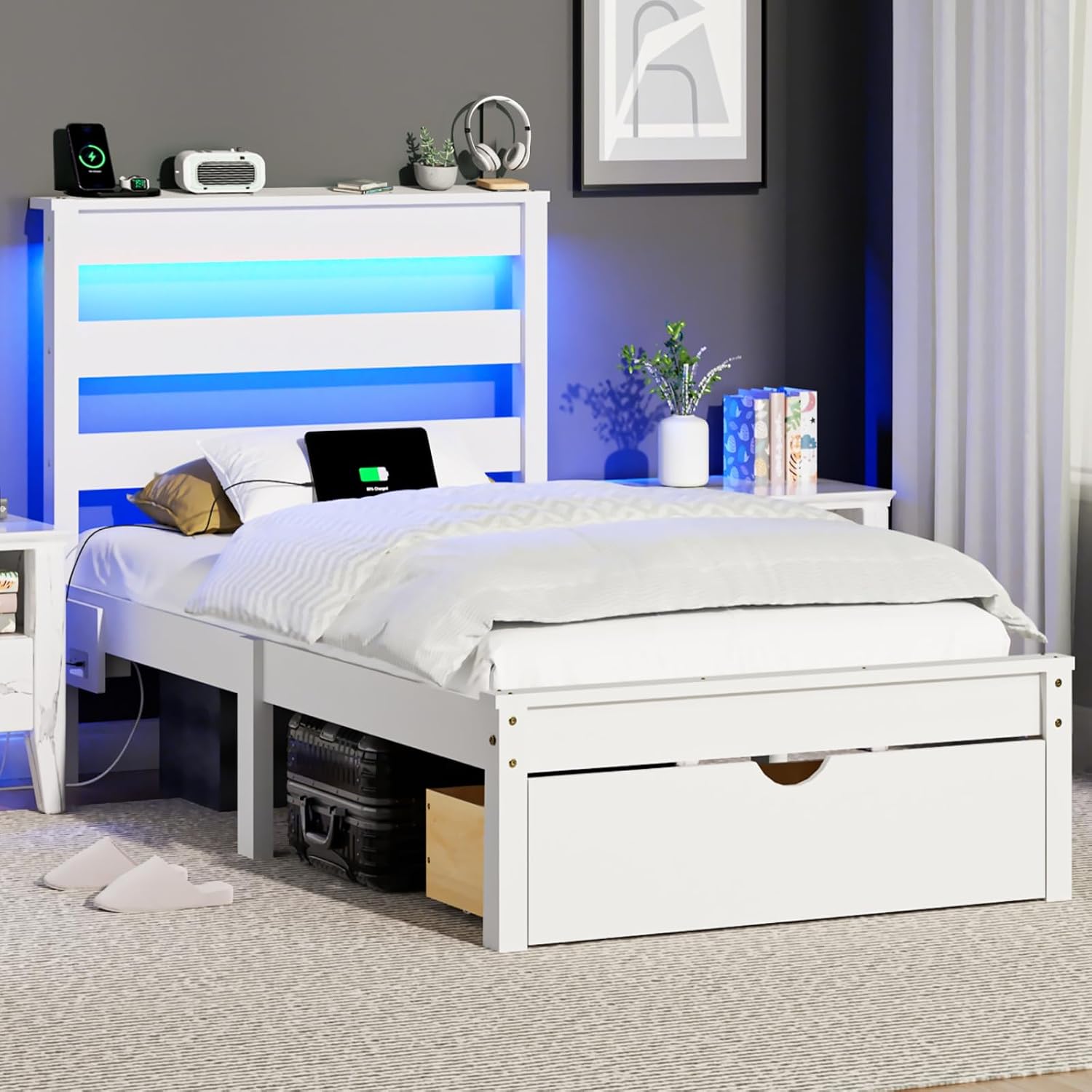 Bonnlo Solid Wood Twin Bed Frames with Headboard Shelf Storage,LED Lights,Charging Station, Platform Bed with Drawer,Easy Assembly,White