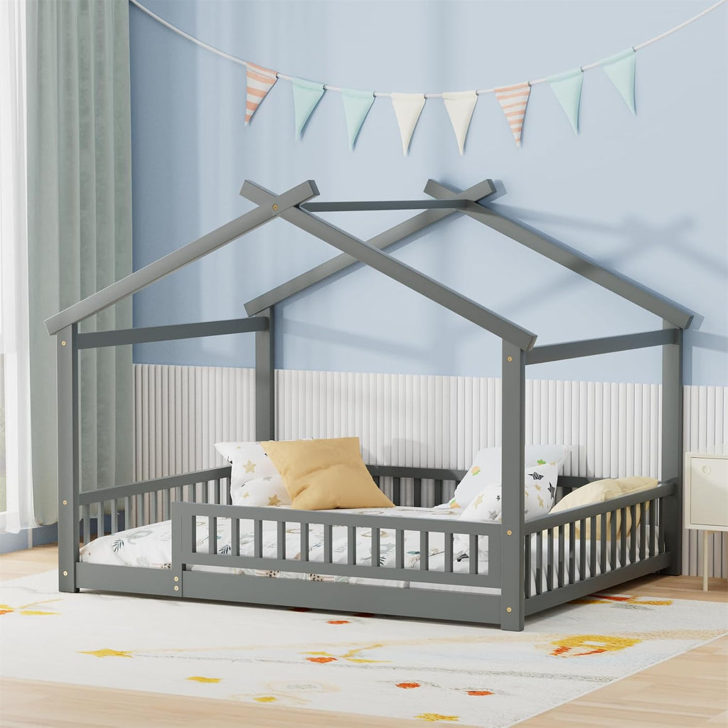 LLS Full Size House Bed with Fence, Wooden Montessori Bed with Slats Support, Floor Bed Frame for Boys Girls Bedroom, Gray
