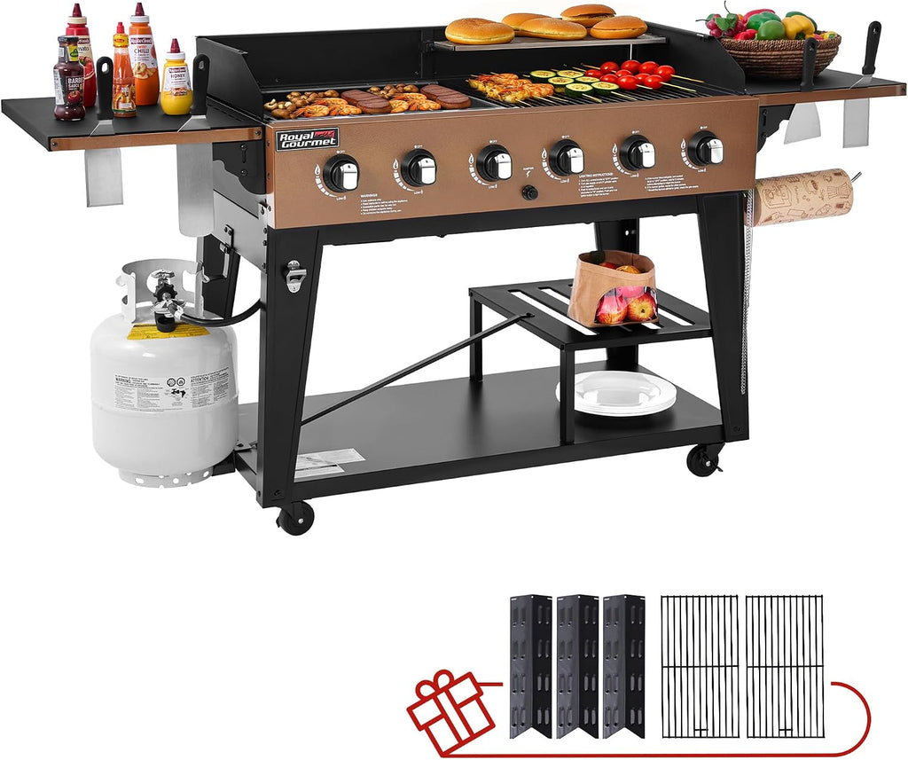 GD601Y 6-Burner Gas Grill and Griddle Combo, Large Cooking Capacity Propane Grill & Griddle 2-in-1, 78,000 BTU Output for Back Yard, Garden, Family Party, BBQ, Yellow