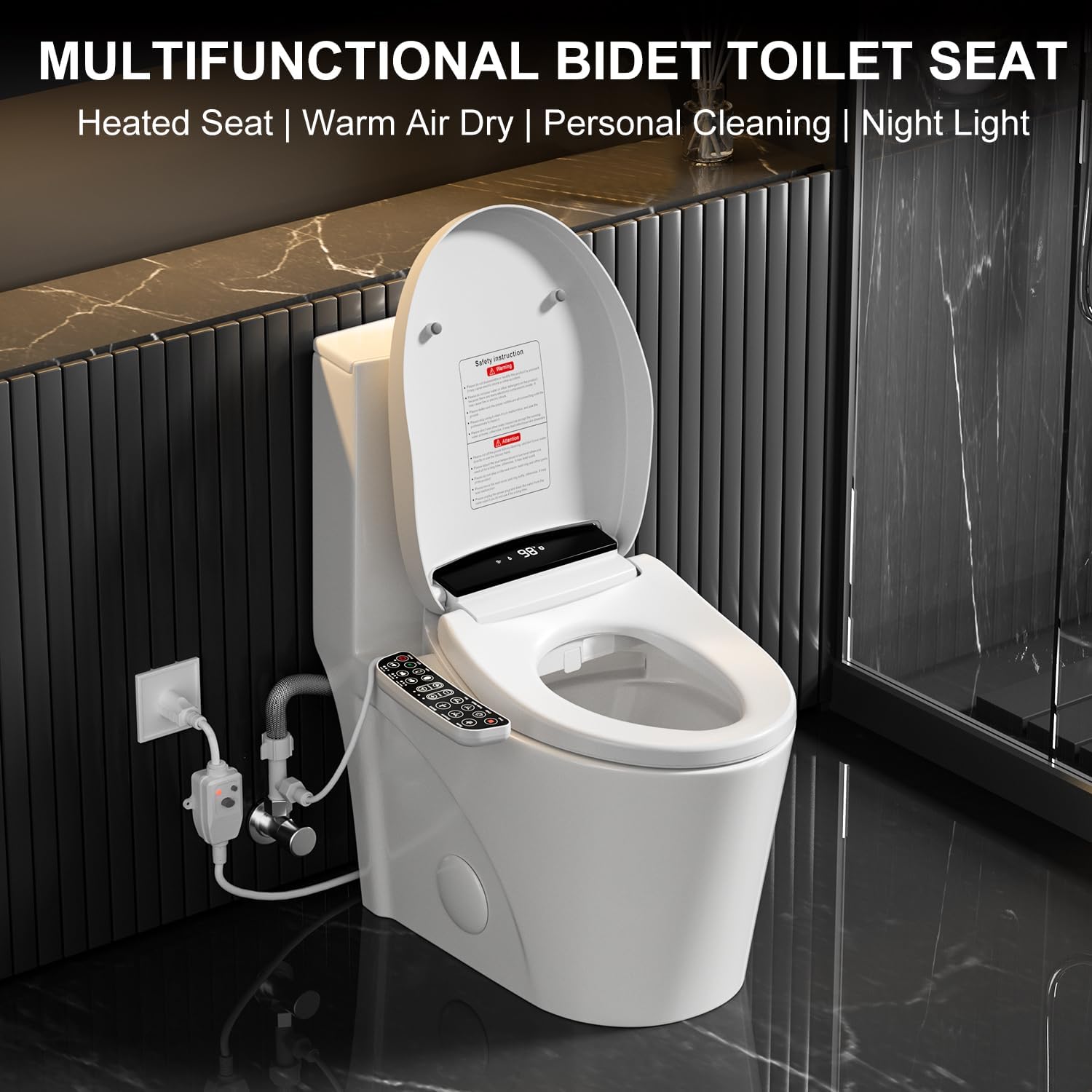 Electric Heated Bidet Toilet Seat with Warm Air Dryer, Toilet Seat with LED Display and Multiple Cleaning Modes (Elongated-White)