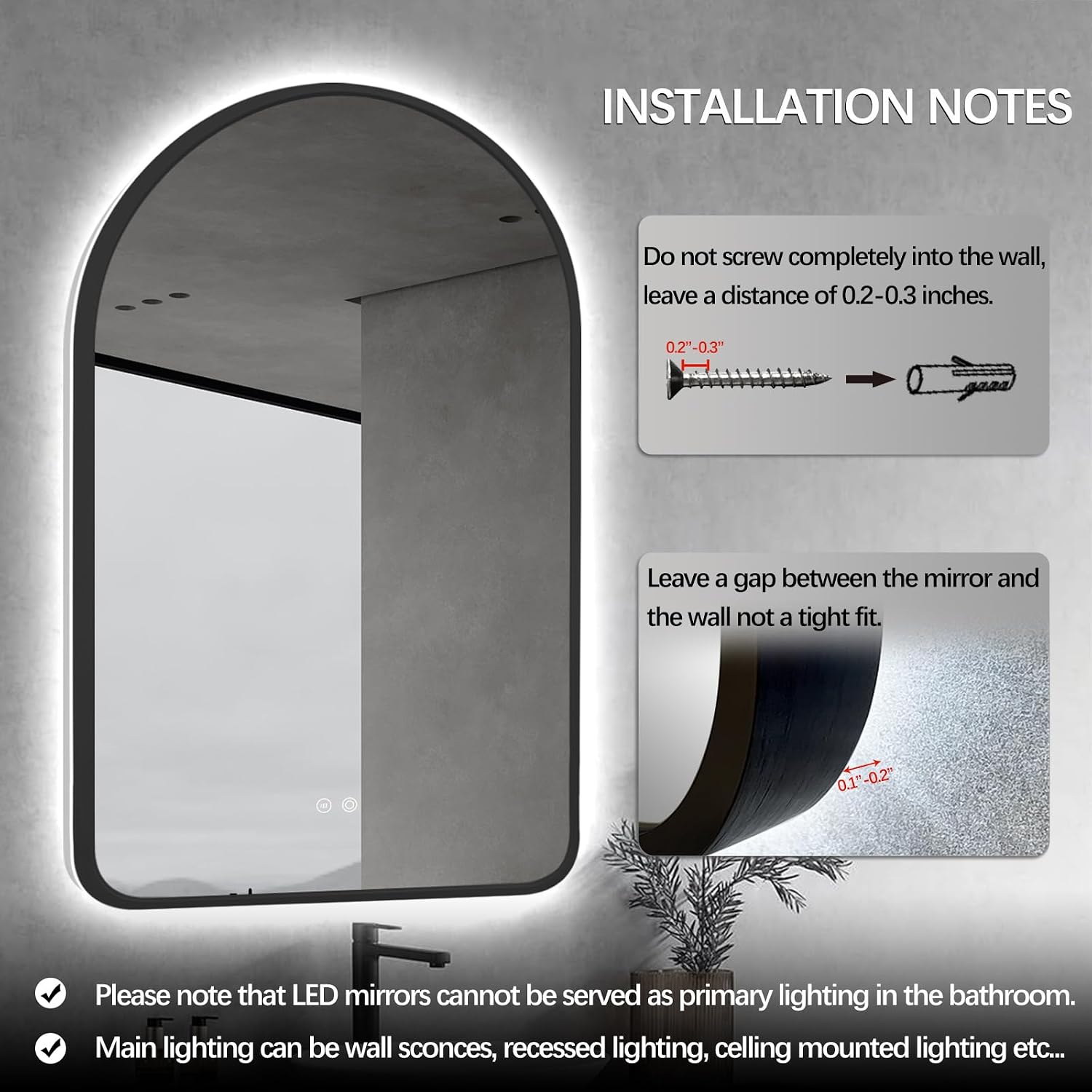 Arched LED Bathroom Mirror, 36'x24' Black Framed Arch Backlit Vanity Mirror with Lights, Anti-Fog, 3 Colors, Dimmable, Adjustable Brightness, Waterproof, UL Listed