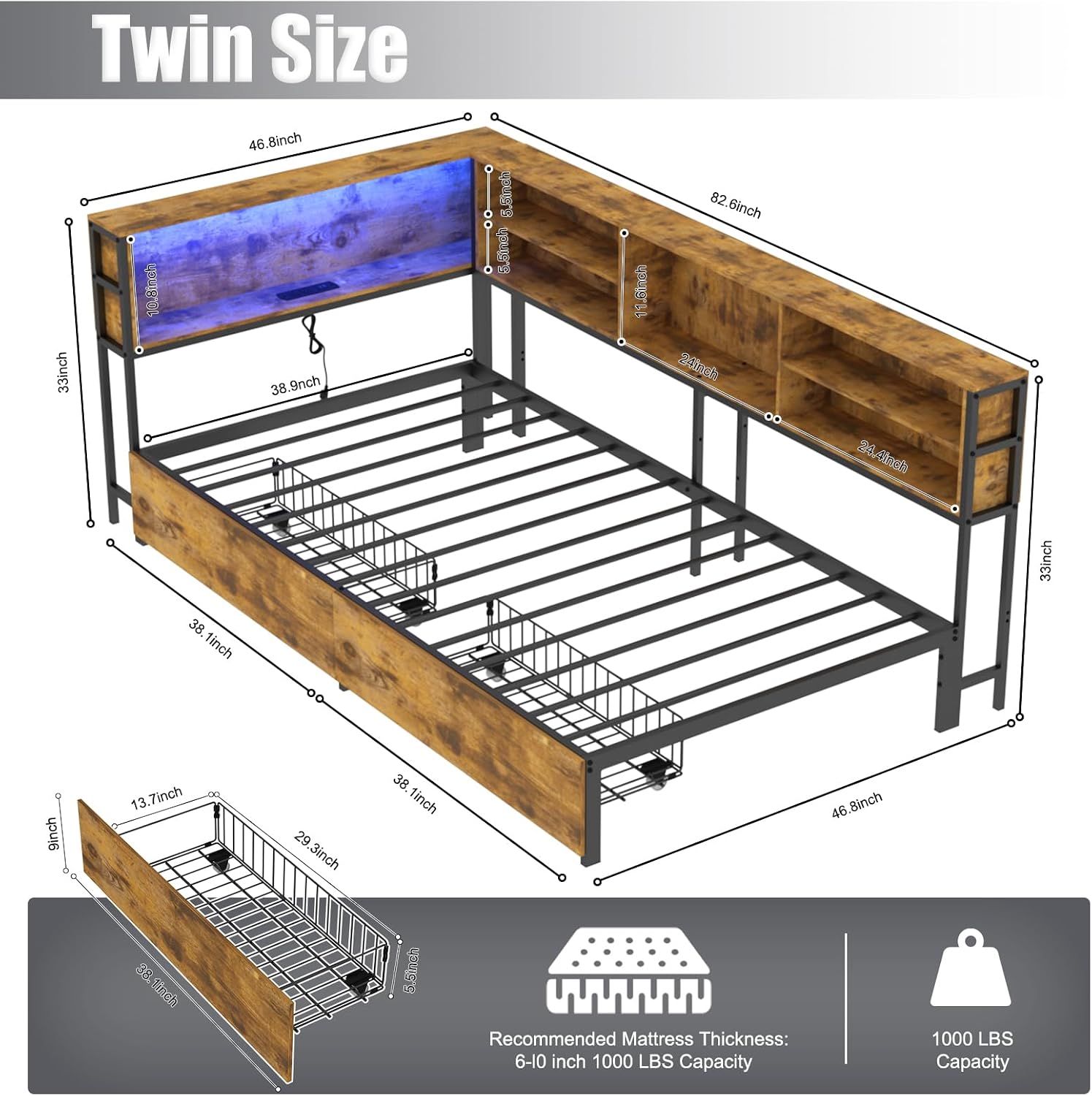 Bellemave Twin Corner Bed Frame with Storage, Twin Size Captains Bed with Charging Station and LED Light, Wood Daybeds with L-Shaped Bookcase and 2 Drawers, Brown