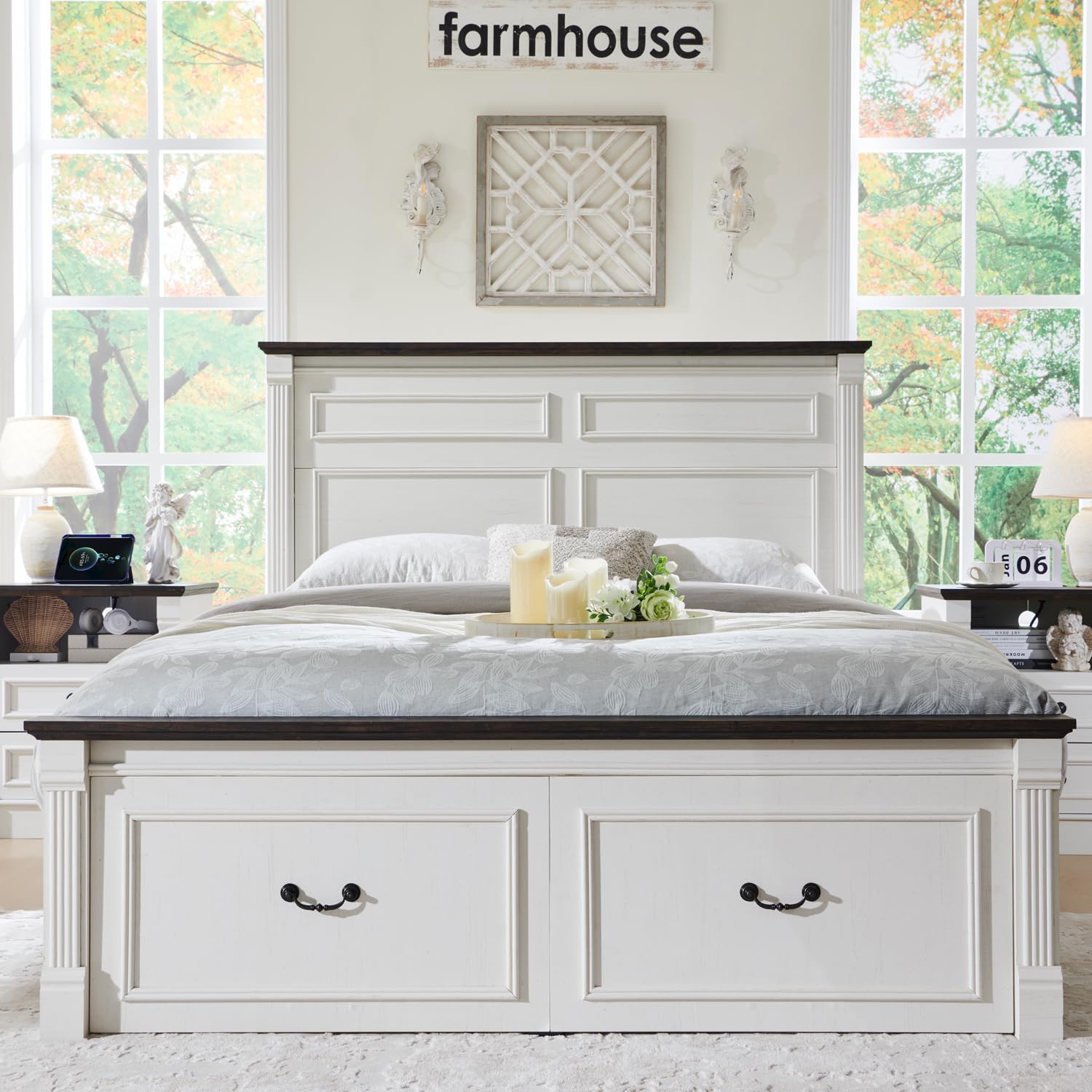 Aitjunz Farmhouse Queen Size Bed Frame with 51' Tall Headboard, Wood Platform Bed Frame with 20' Tall Roman Column Decoration Footboard & 2 Large Storage Drawers, No Box Spring Needed (White)