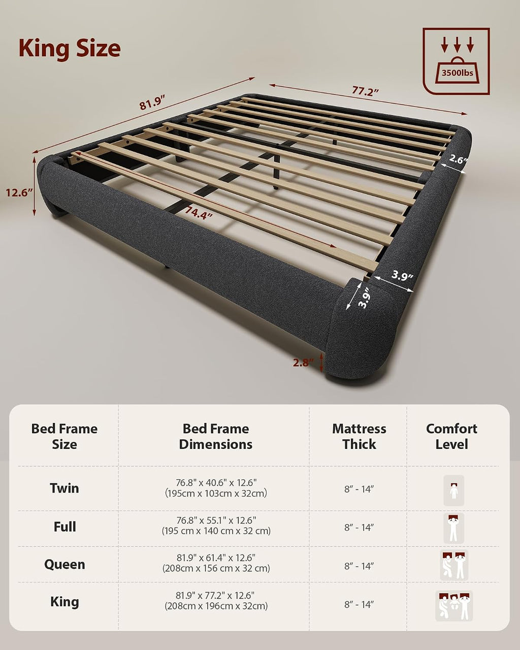 Cloud Bed Frame King Size, Soft Boucle Bed Frame with Round Corner, Upholstered King Size Bed Frame with Heavy Duty Wood Slat, No Box Spring Needed, Easy Assembly, Dark Grey