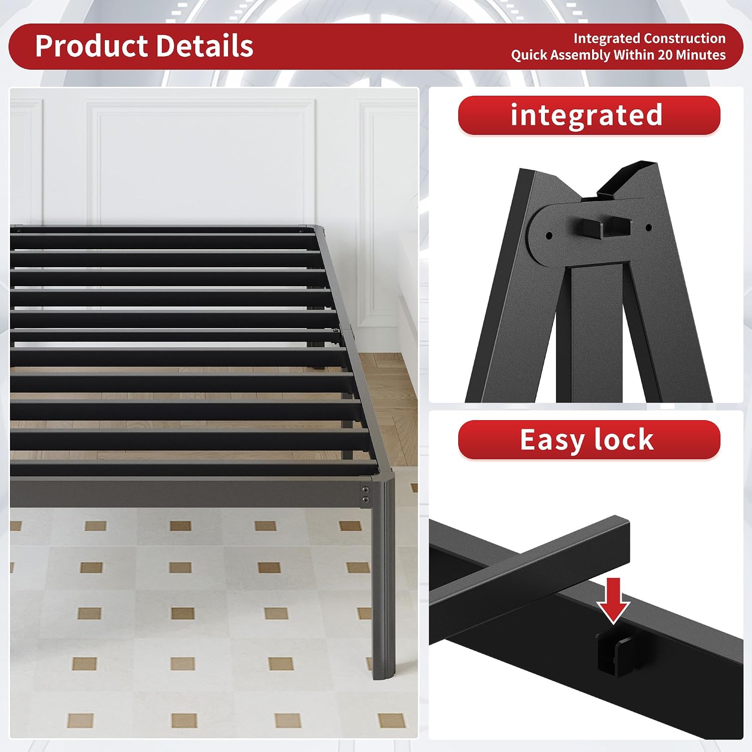 Yicensen 14 Inch Full XL Bed Frame No Box Spring Needed Heavy Duty Metal Full XL Platform Bed Frame with Rounded Corner Legs, Easy Assembly, Noise Free, Black