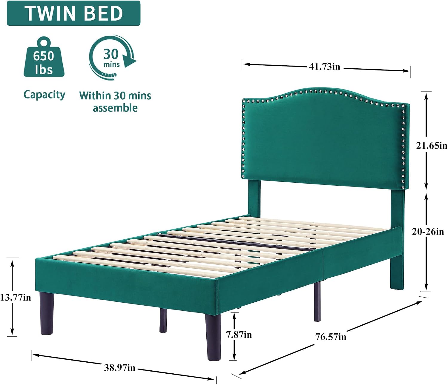 VECELO Twin Bed Frame, Platform Bed Frame with Adjustable Height Upholstered Headboard, Heavy-Duty Frames and Strong Wooden Slats Support, Non-Slip and Noise-Free, Easy Assembly, Dark Green