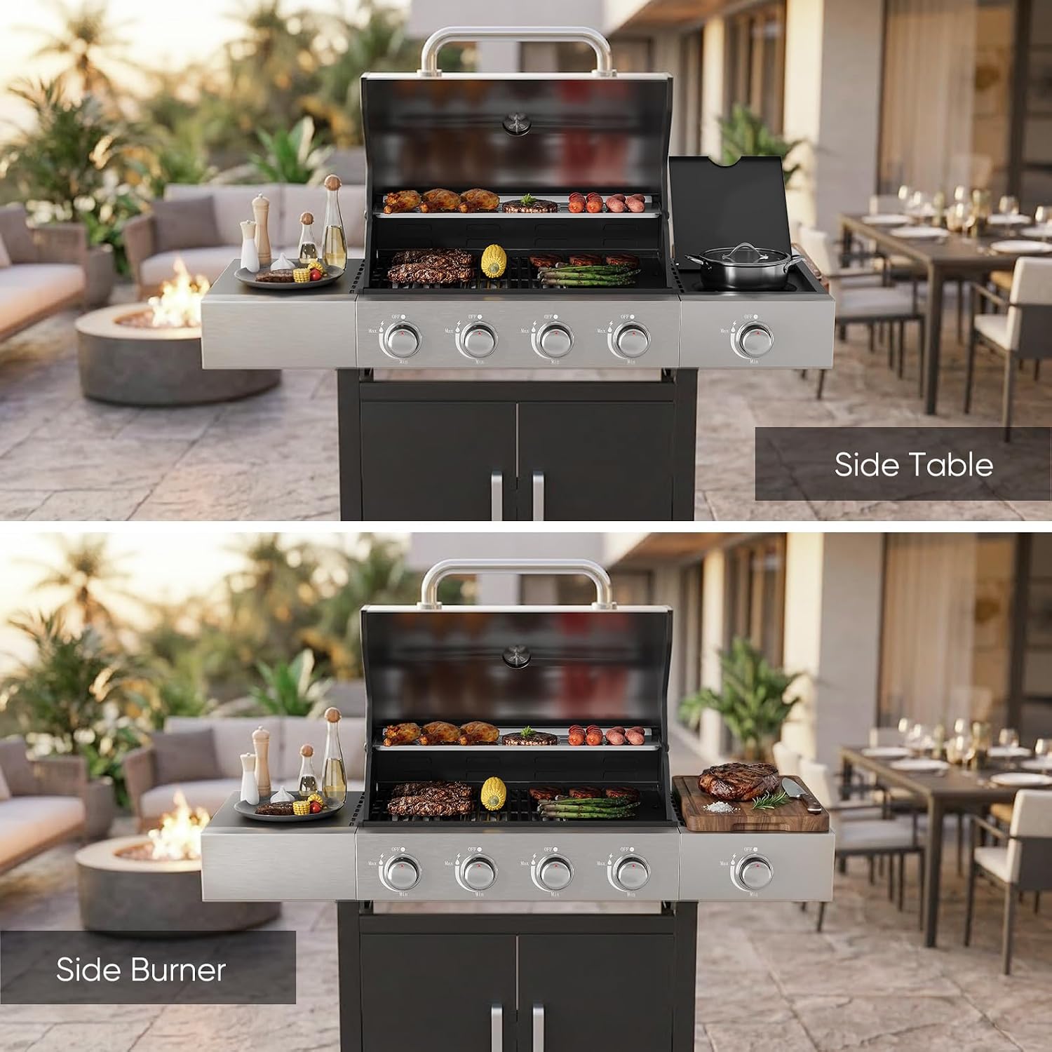 Belord 4-Burner Propane Gas Grills with Side Burner, 44000 BTU Output Stainless Steel Burner Barbecue Grill with Cast Iron Grate & Side Tables, Gas BBQ Grill Propane for Patio Picnic, Outdoor Cooking
