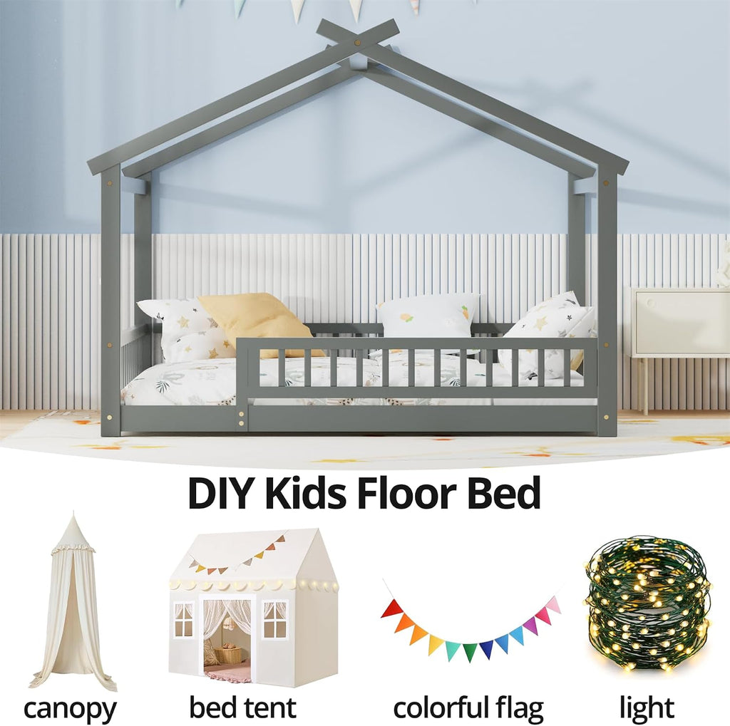 LLS Full Size House Bed with Fence, Wooden Montessori Bed with Slats Support, Floor Bed Frame for Boys Girls Bedroom, Gray