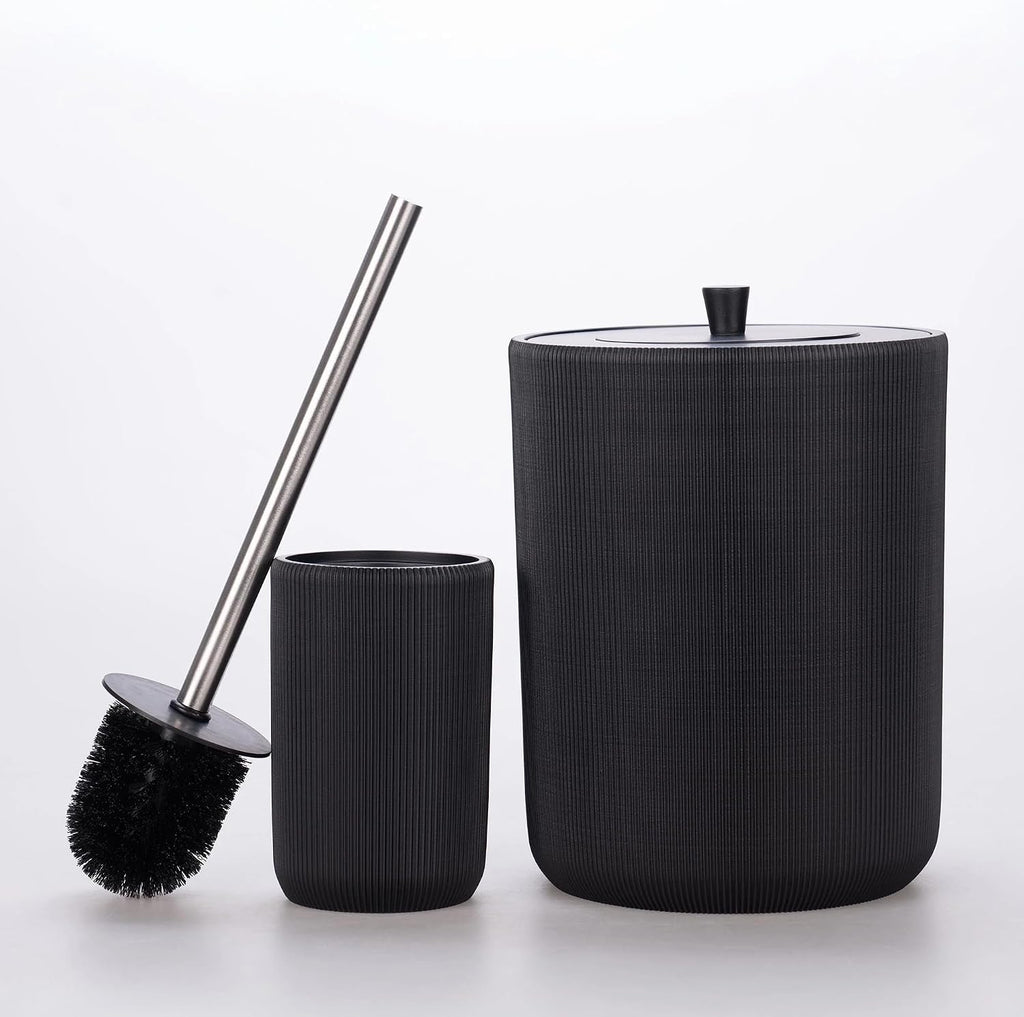 Lydia Collection 5-Piece Resin Bathroom Accessories Set – Toilet Brush Holder, Waste Bin, Soap Dispenser, Tray & Toothbrush Holder (Black)