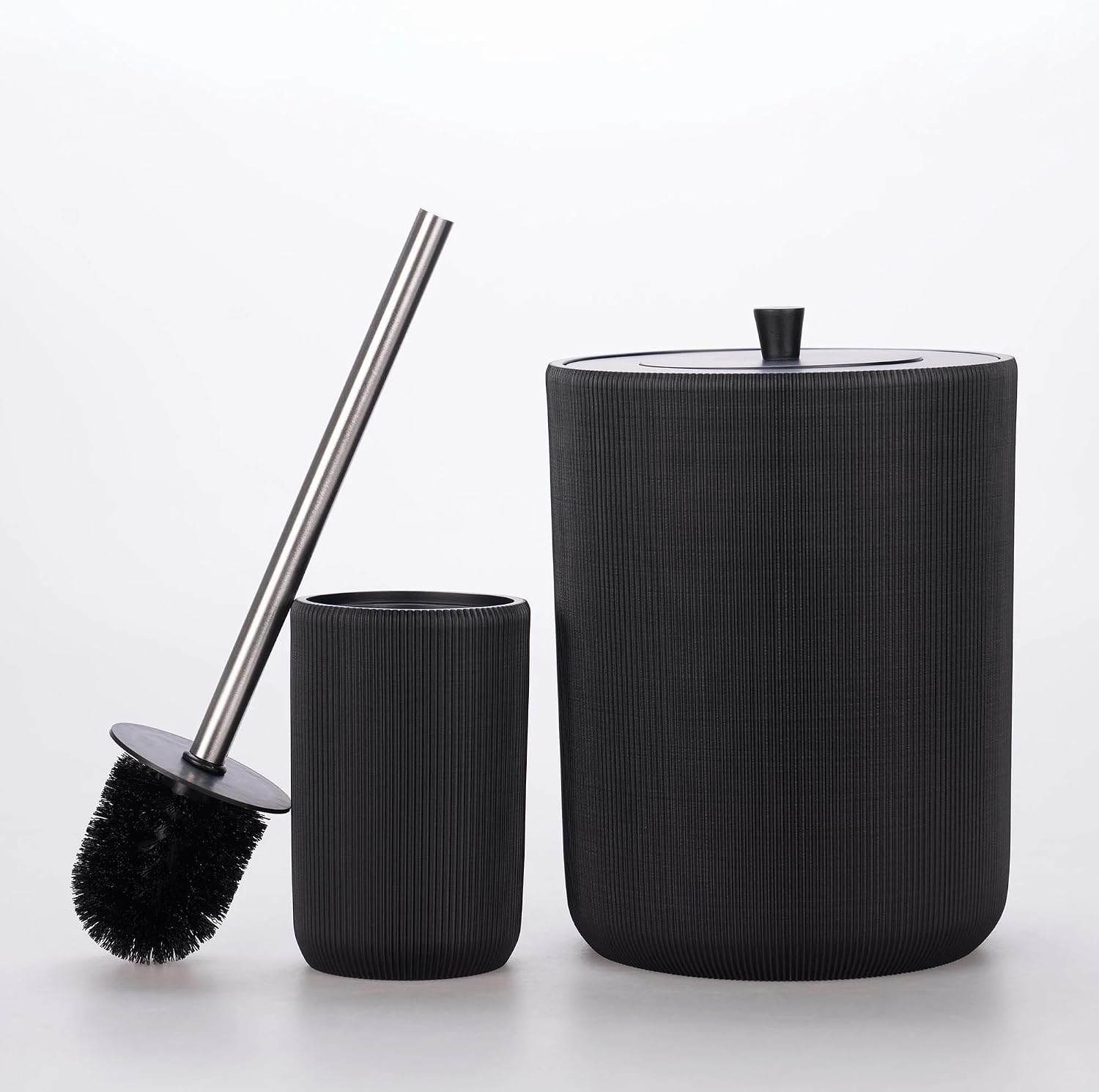 Lydia Collection 5-Piece Resin Bathroom Accessories Set – Toilet Brush Holder, Waste Bin, Soap Dispenser, Tray & Toothbrush Holder (Black)
