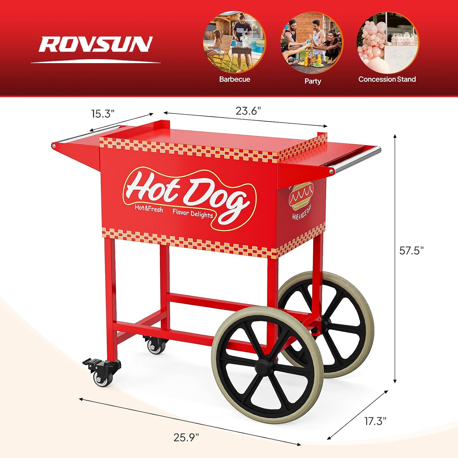 ROVSUN Hot Dog Cart - Mobile Stand for 5-7 Rollers Hot Dog Machine with Shelfs, Handles & Wheels, Concession Stands, Fairs, Events Use