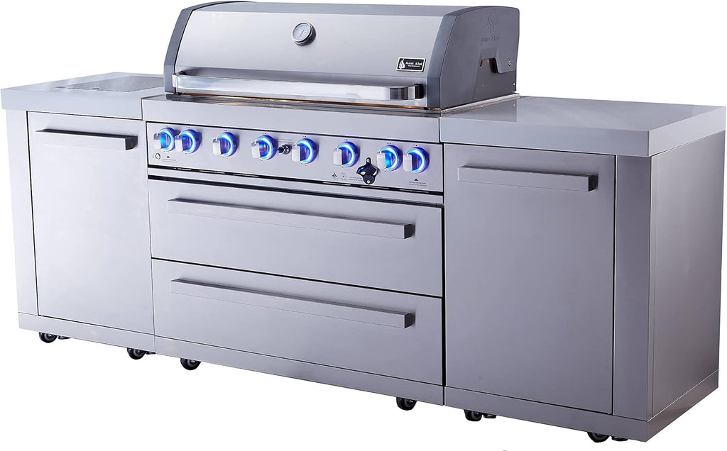 Mont Alpi Premium 94'W x 23'D x 46'H Stainless Steel Modular Outdoor Kitchen Island with Infrared Side Burner + 44'W 6-Burner BBQ Gas Grill + White Granite Countertops + Storage Cabinets & Drawers