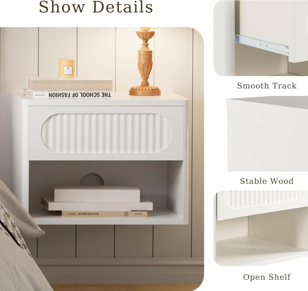 VDNEND Floating Nightstands with Drawer Set of 2, Modern Wall Mounted Bedside Tables for Bedroom, Space Saving Storage Cabinets, Easy Install Hanging Shelf Night Stands for Small Spaces (White)