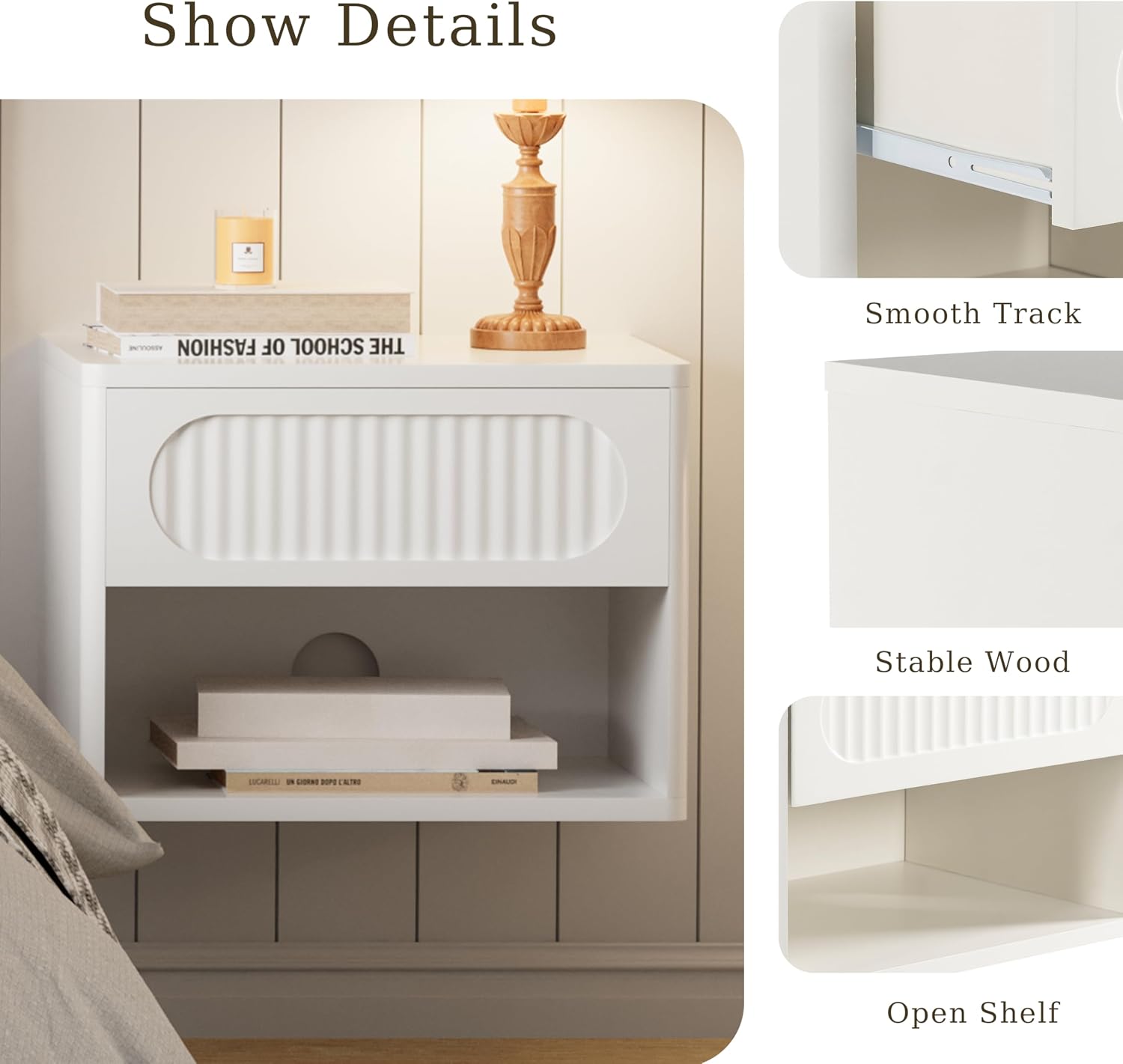 VDNEND Floating Nightstands with Drawer Set of 2, Modern Wall Mounted Bedside Tables for Bedroom, Space Saving Storage Cabinets, Easy Install Hanging Shelf Night Stands for Small Spaces (White)