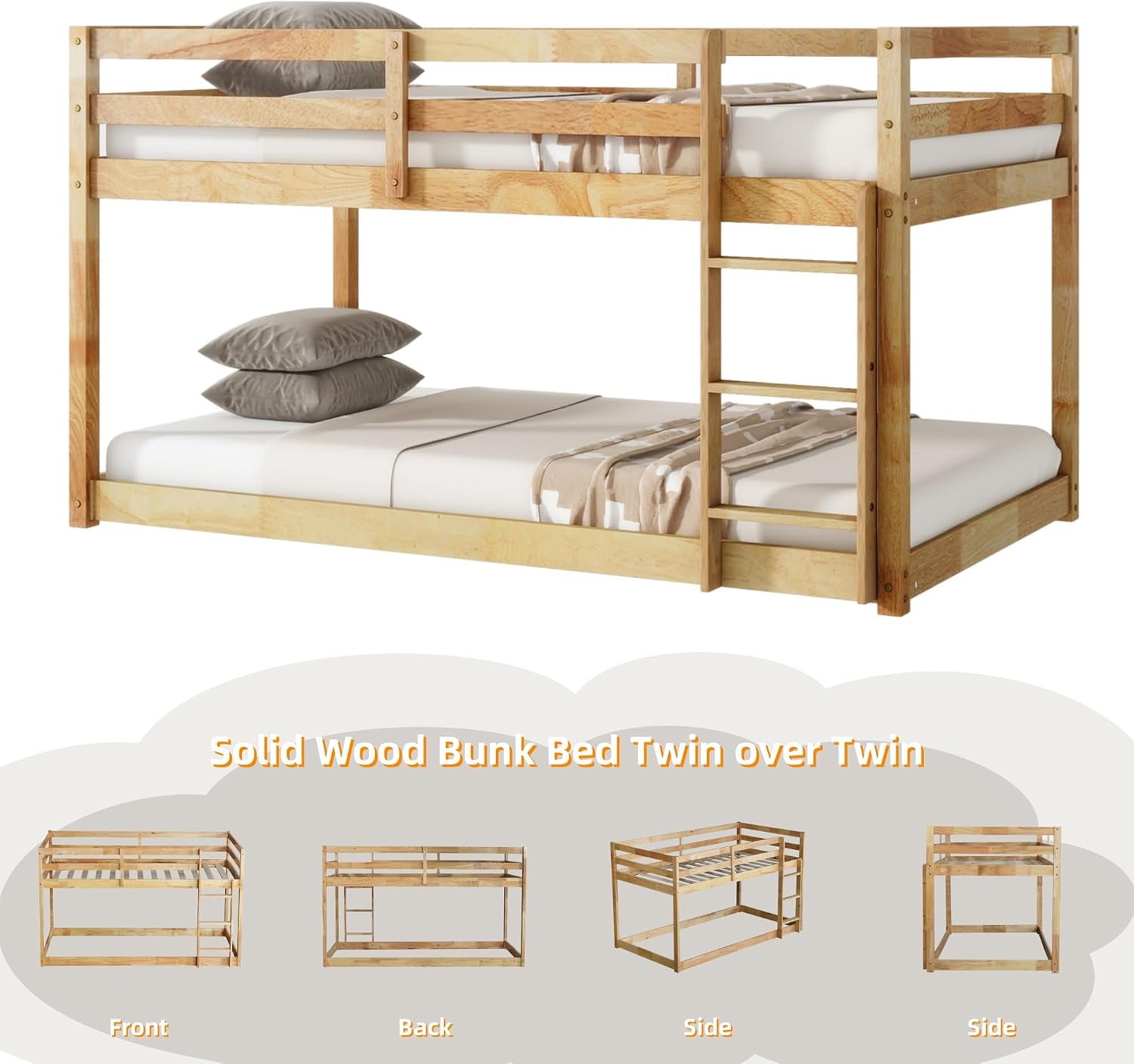 Bunk Bed Twin Over Twin, Floor Bunk Bed with Ladder, Safety Guard Rails, Heavy Duty Wooden Twin Bunk Beds Frame Low Bunkbeds No Box Spring Required, Natural