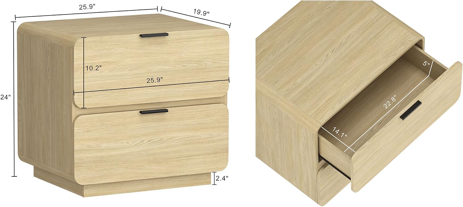 Manhattan Comfort Chrystie Fluted Nightstand 26' Bedside Table with 2 Full Extension Drawers and Metal Handles, Rounded Corners, Wood Grain Finish, Set of 2 for Bedroom or Living Room in Natural