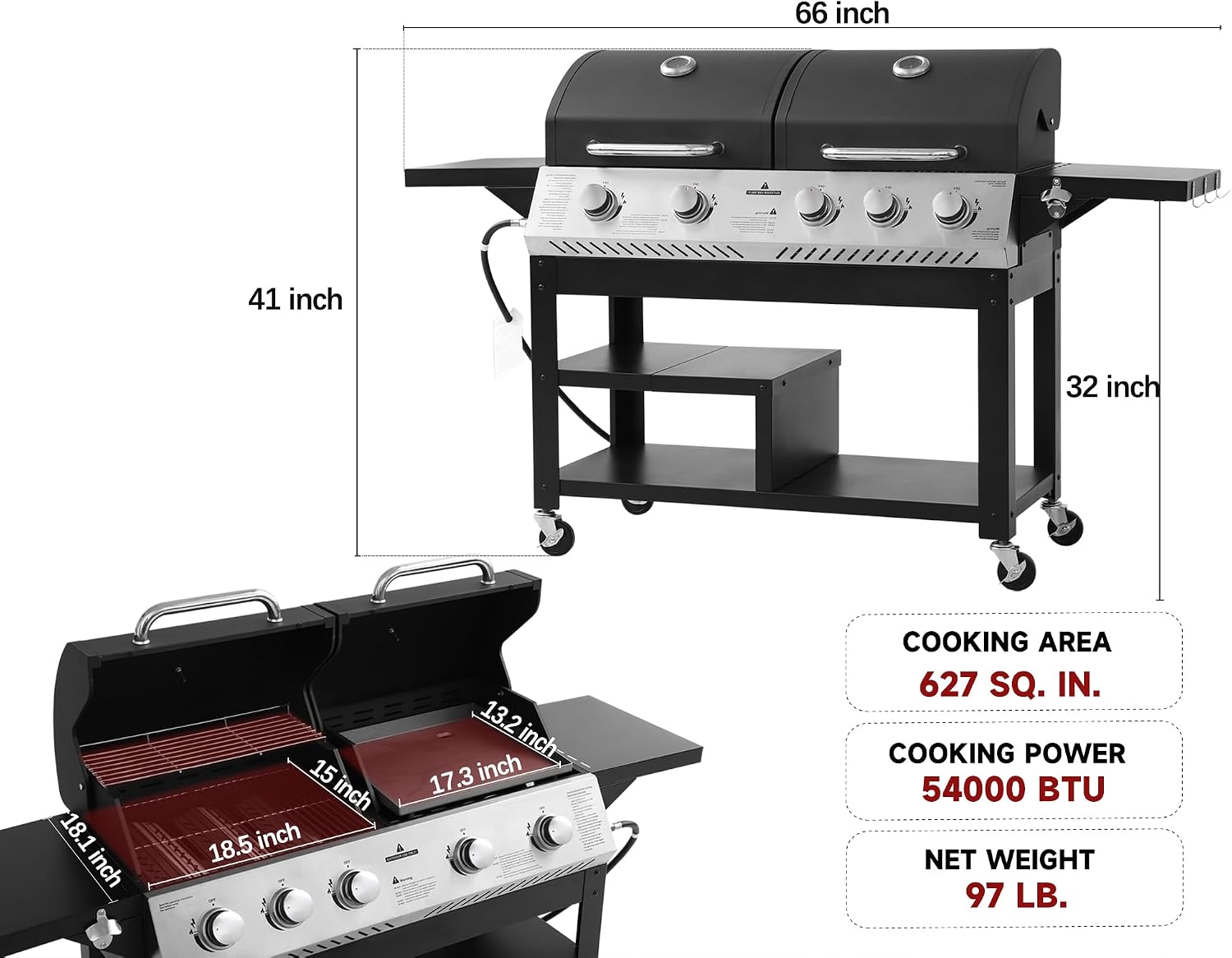 5-Burner Propane Gas Grill with Porcelain-Enameled Cast Iron Grate, Outdoor BBQ Grill 54000 BTU with 2 Side Table, Griddle Grill Combo with Hooks for Patio Garden Backyard Barbecue