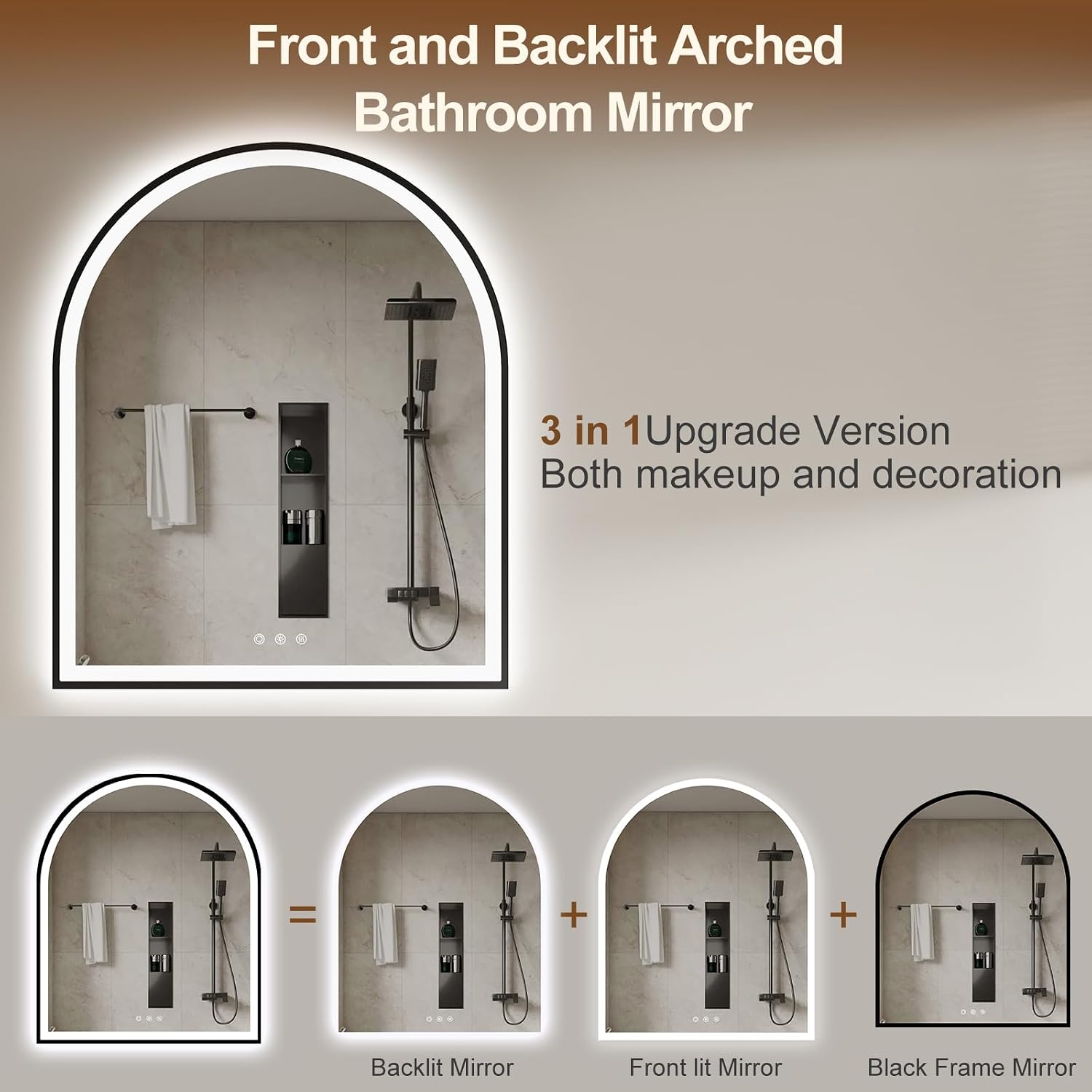 30.1'x36.1' Arched LED Mirror for Bathroom,Black Lighted Bathroom Mirror with Lights-Fogless, Dimmable, 3 Color Changing, Shatterproof, Touch Sensor
