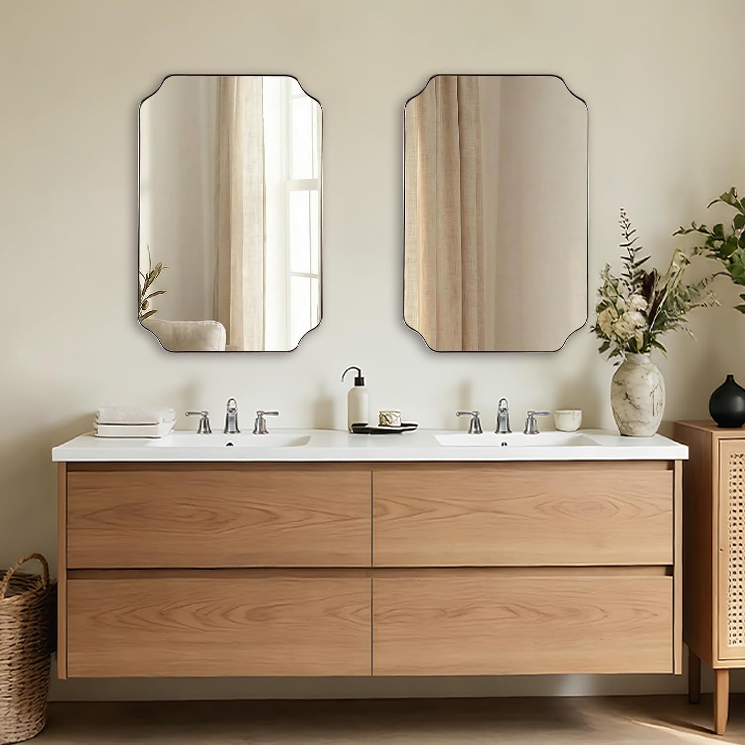 ANDY STAR 20x30 Inch Brushed Nickel Mirror, Silver Bathroom Mirror, Modern Rounded Notched Corner Mirror in Rustproof Stainless Steel Thin Frame, Compact Size Ideal for Small Bathroom Remodel