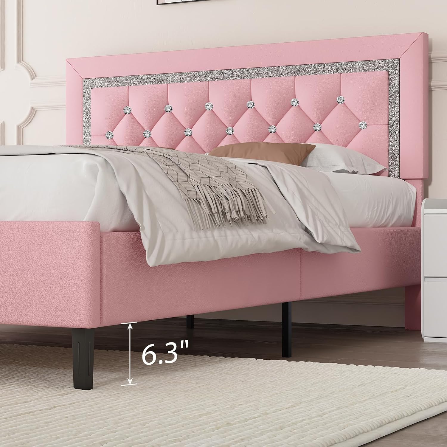BarnFurin Full Size Bed Frame with Tufted Button Headboard, Upholstered Platform Bed Frame with Diamond Design, Wood Slat Support, No Box Spring Needed, Easy Assembly, Pink