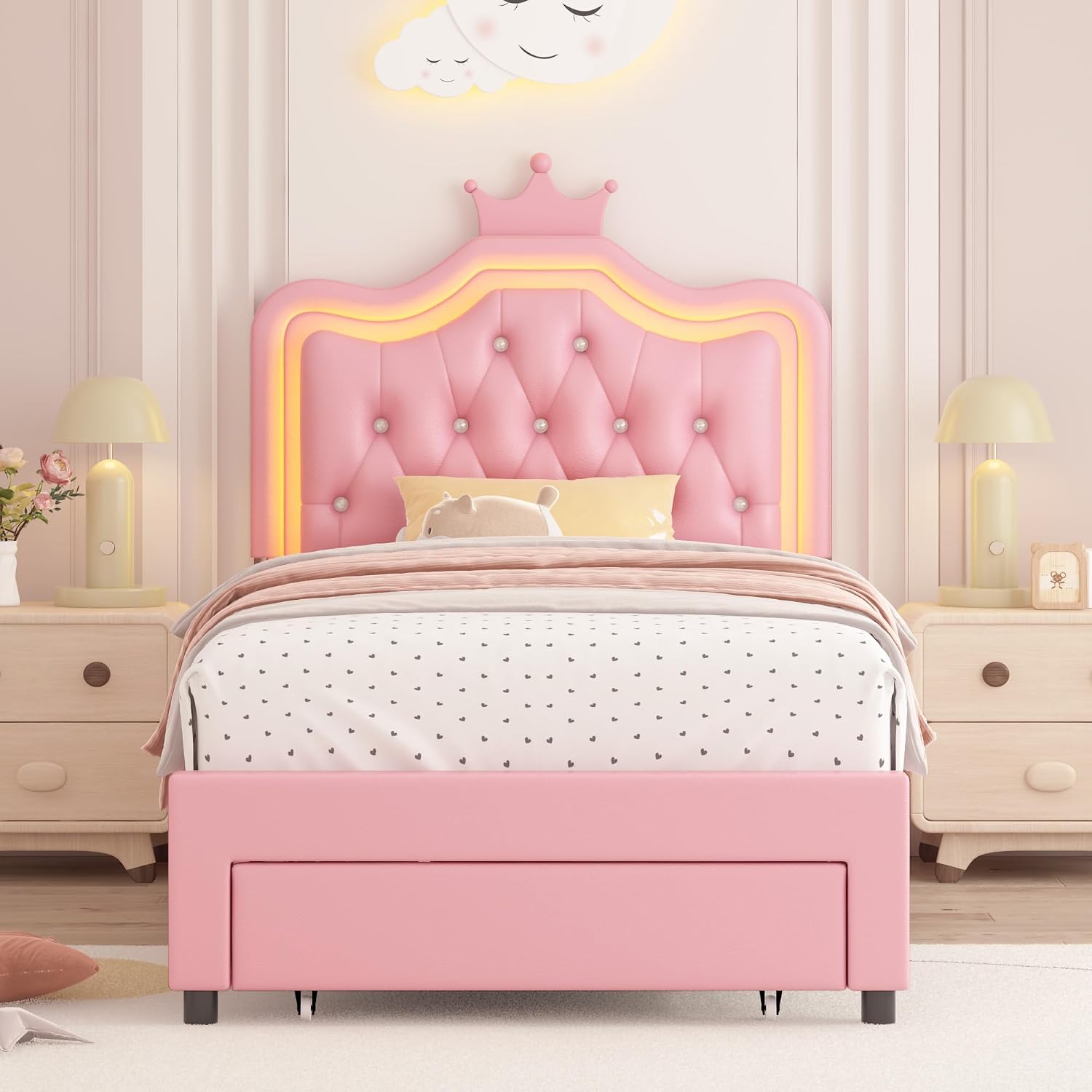 Keyluv 2 Set Twin Upholstered LED Bed Frame with Storage Drawer for Kid, Leather Princess Platform Bed with Adjustable Crystal Button Tufted Crown Headboard, Solid Woode Slats Support, Pink
