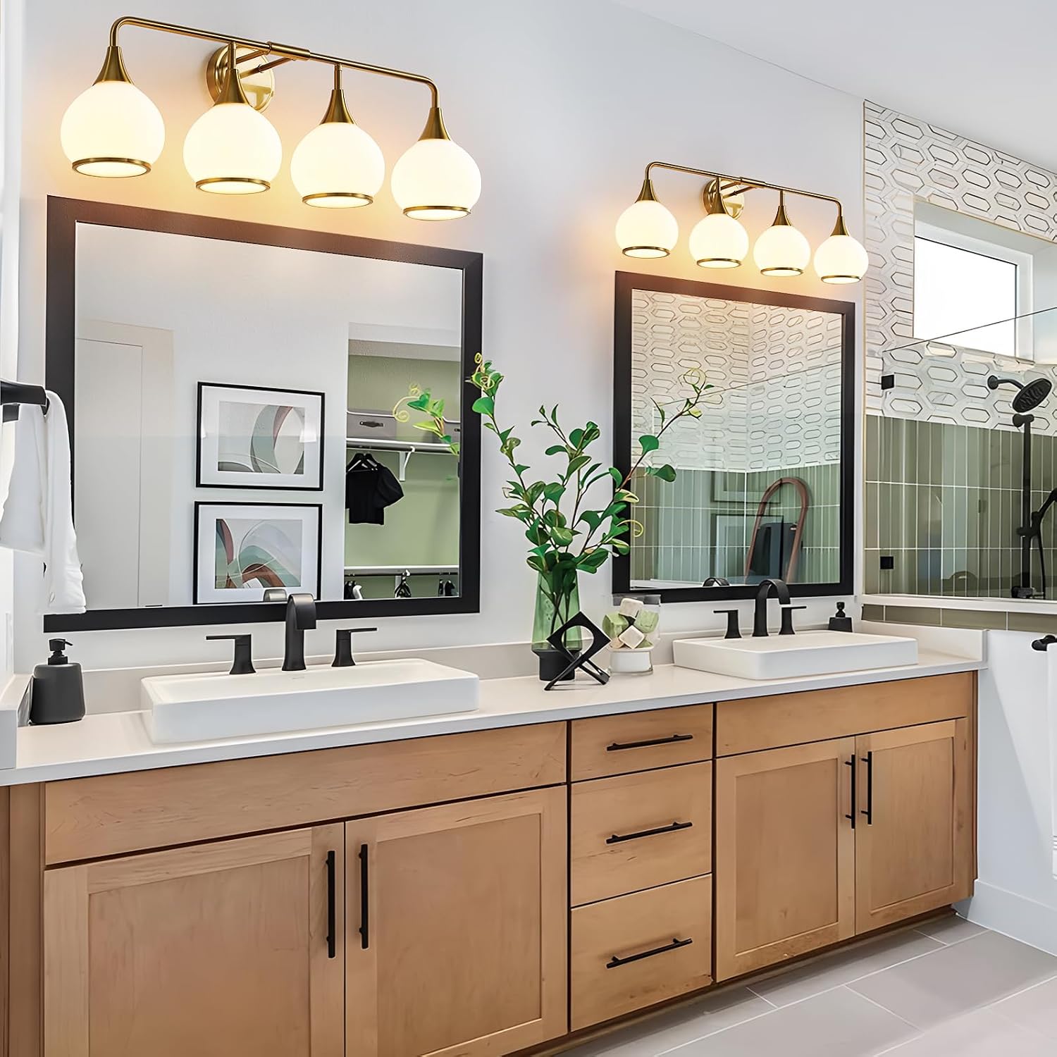 Brass Gold Bathroom Light Fixtures 4-ights Vanity Lights with Milky White Frosted Glass Shade Bathroom Vanity Light 30.7 inch Wall Sconce Lighting Bath(Exclude E26 Bulb)