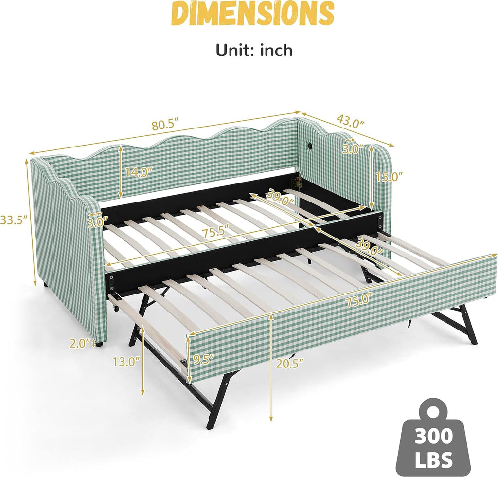 DEINPPA Twin Size Upholstered Daybed with Trundle, Gingham Daybed with USB Ports for Bedroom Living Room Guest Room-Cyan
