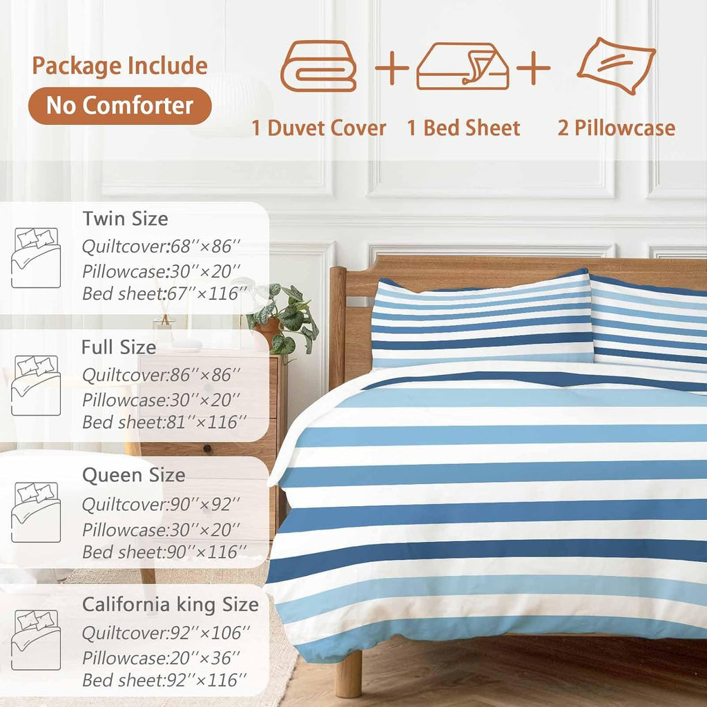 Prime Leader Gradient Blue White Striped Duvet Cover Set Queen Size 4 Pieces Modern Minimalist Lines Bedding Set with Zipper Closure, 1 Comforter Cover 86x86 Inches 1 Flat Sheet & 2 Pillow Cases