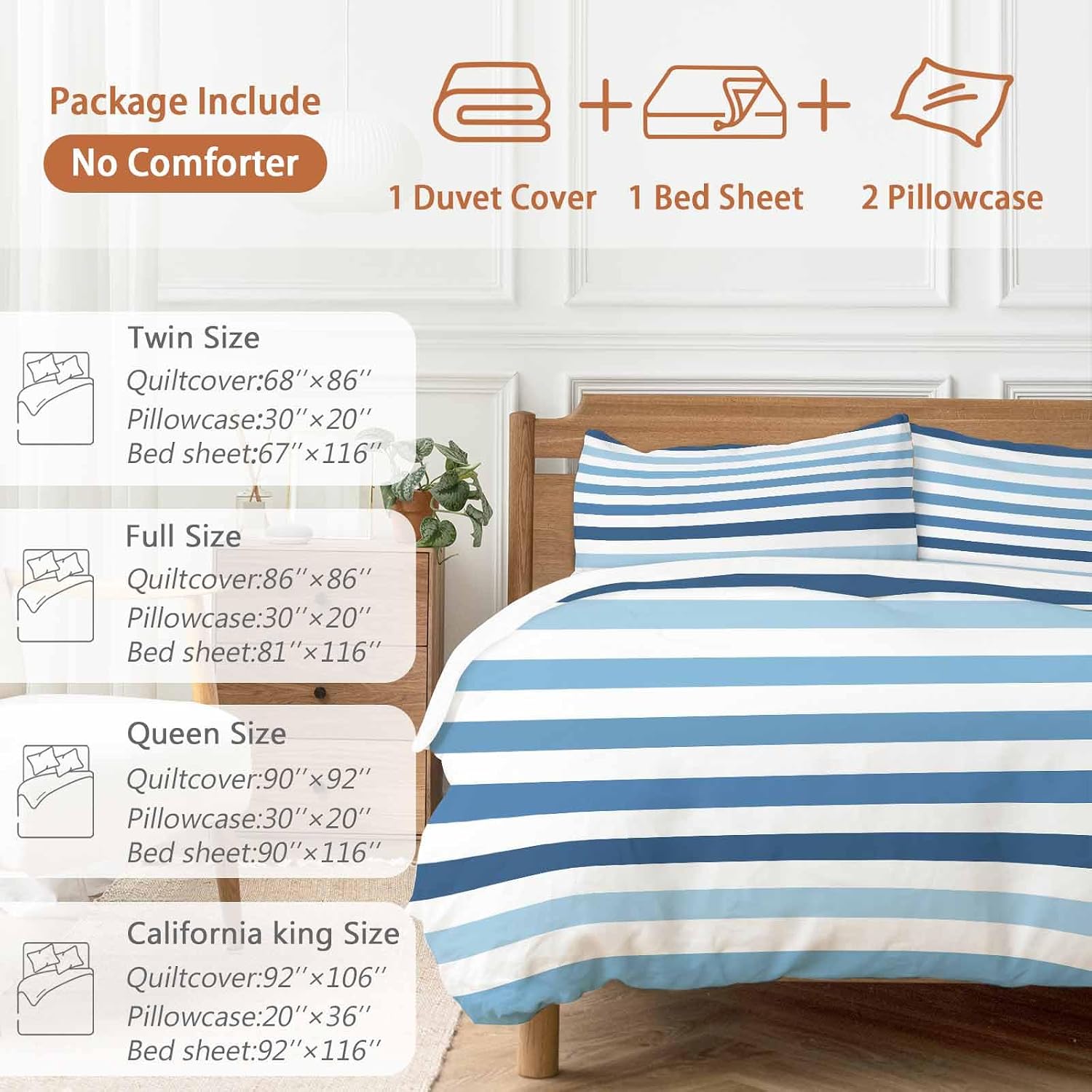 Prime Leader Gradient Blue White Striped Duvet Cover Set Queen Size 4 Pieces Modern Minimalist Lines Bedding Set with Zipper Closure, 1 Comforter Cover 90x92 Inches 1 Flat Sheet & 2 Pillow Cases