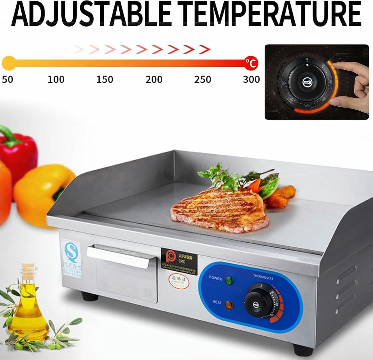 21' Commercial Electric Griddle, Electric Flat Top Grill, 3000W Countertop Griddle for Restaurant with Shovels and Brushes