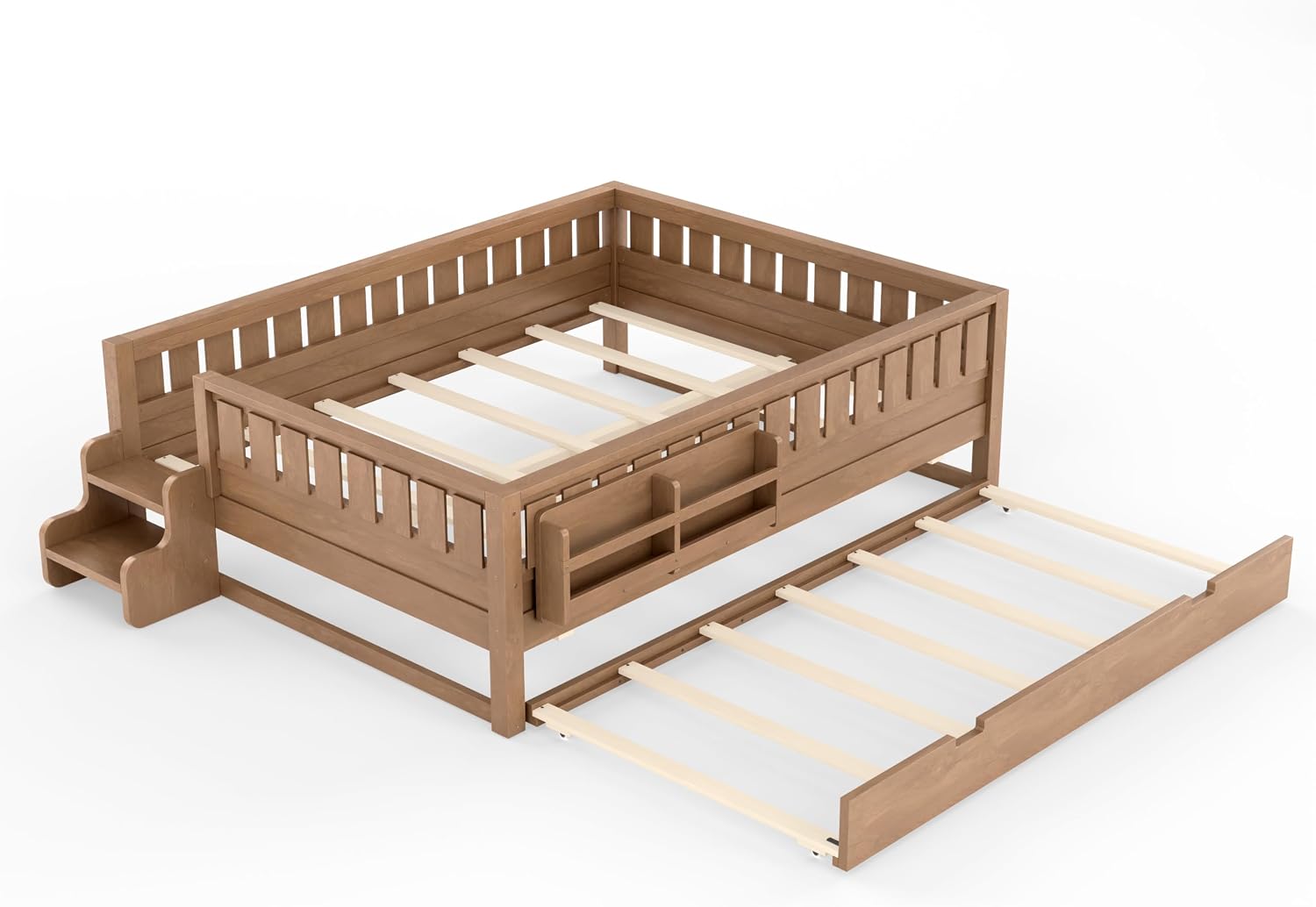 Bellemave Queen Bed with Trundle and Stairs, Queen Size Platform Bed Frame with Fence and Bookshelf, Easy Assemble Beds for Kids, Girls, Boys, Natural