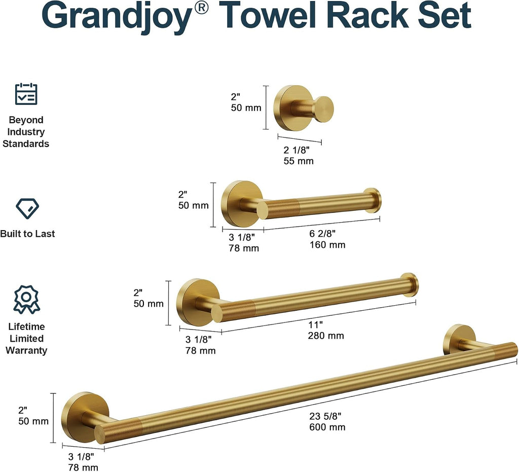 Brushed Gold Bathroom Hardware Accessories Set, Knurled SUS304 Stainless Steel Kit, Towel Bar, Ring, Robe Hook, Paper Holder, Wall Mounted
