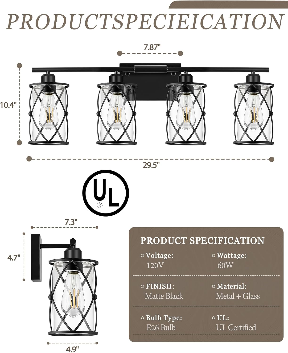 4-Light Black Bathroom Light Fixtures, 29 Inch Modern Bathroom Vanity Lighting Fixtures Over Mirror with Clear Glass and Metal Cage Wall Sconce Lights for Bath, E26, CH9176BK-4W