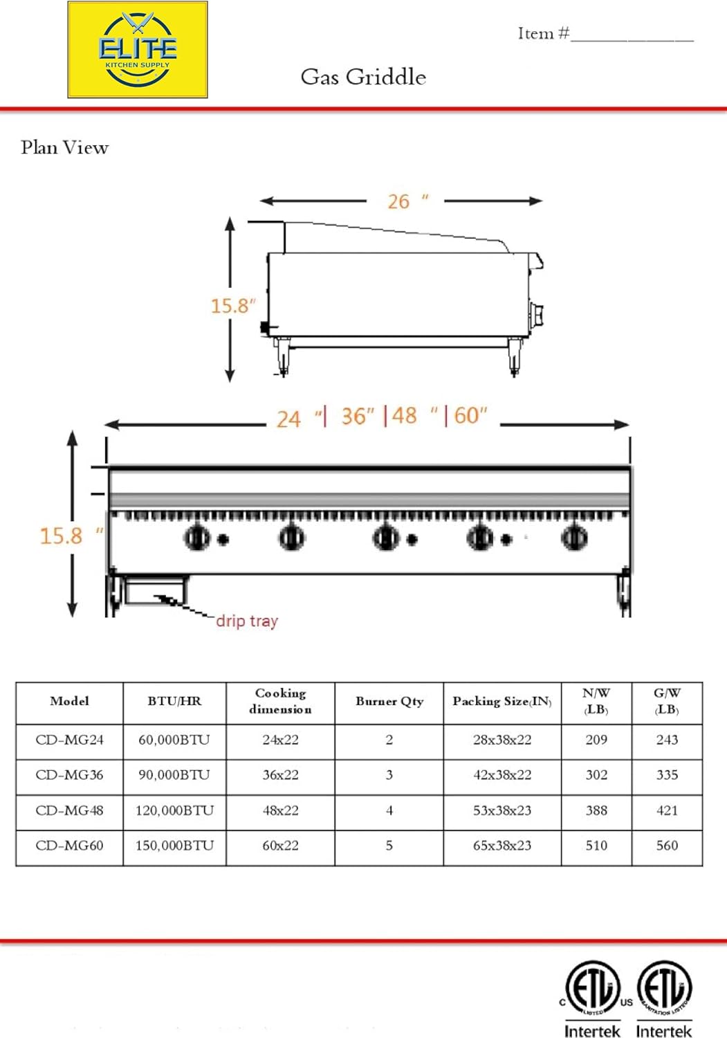Commercial Gas Griddle ETL Flat Top Grill Stove Propane LP Natural Gas, 60' Heavy Duty HLRG-1500