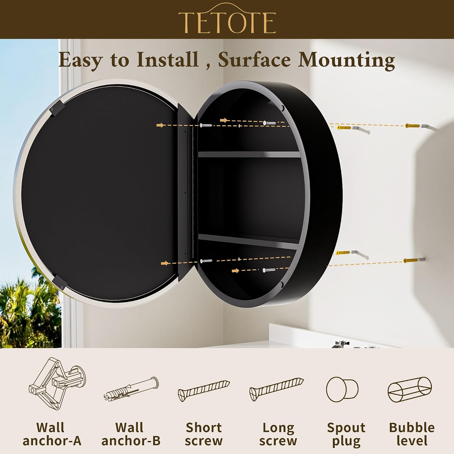 TETOTE 24 x 24 Inch Medicine Cabinet Mirror Brushed Nickel Framed Round Mirrored Medicine Cabinets for Bathroom Adjustable Shelves Modern Bathroom Mirror with Storage Wall Mounted