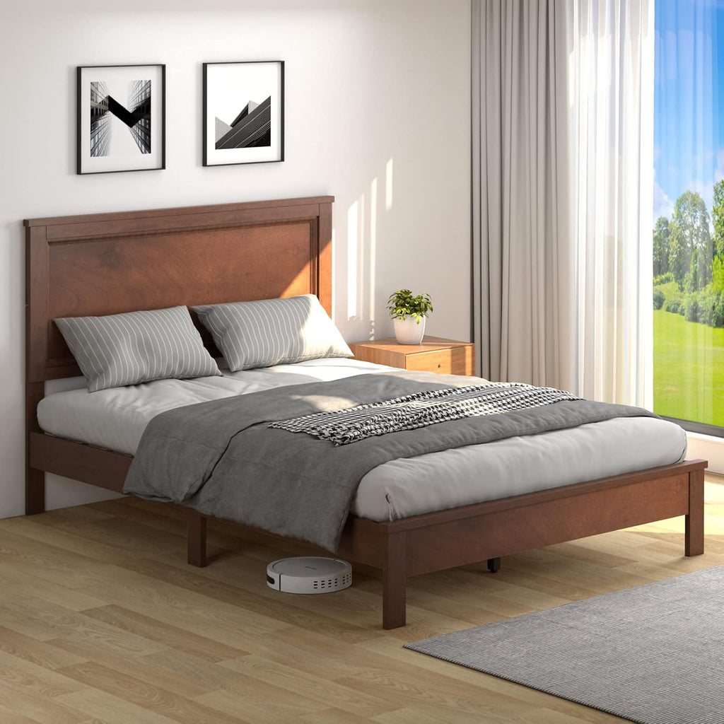 KOMFOTT Full Size Wood Platform Bed Frame with Headboard, Wooden Mid Century Platform Bed with Slat Support & Under Bed Storage, Mattress Foundation Bed Base, No Box Spring Needed, Walnut