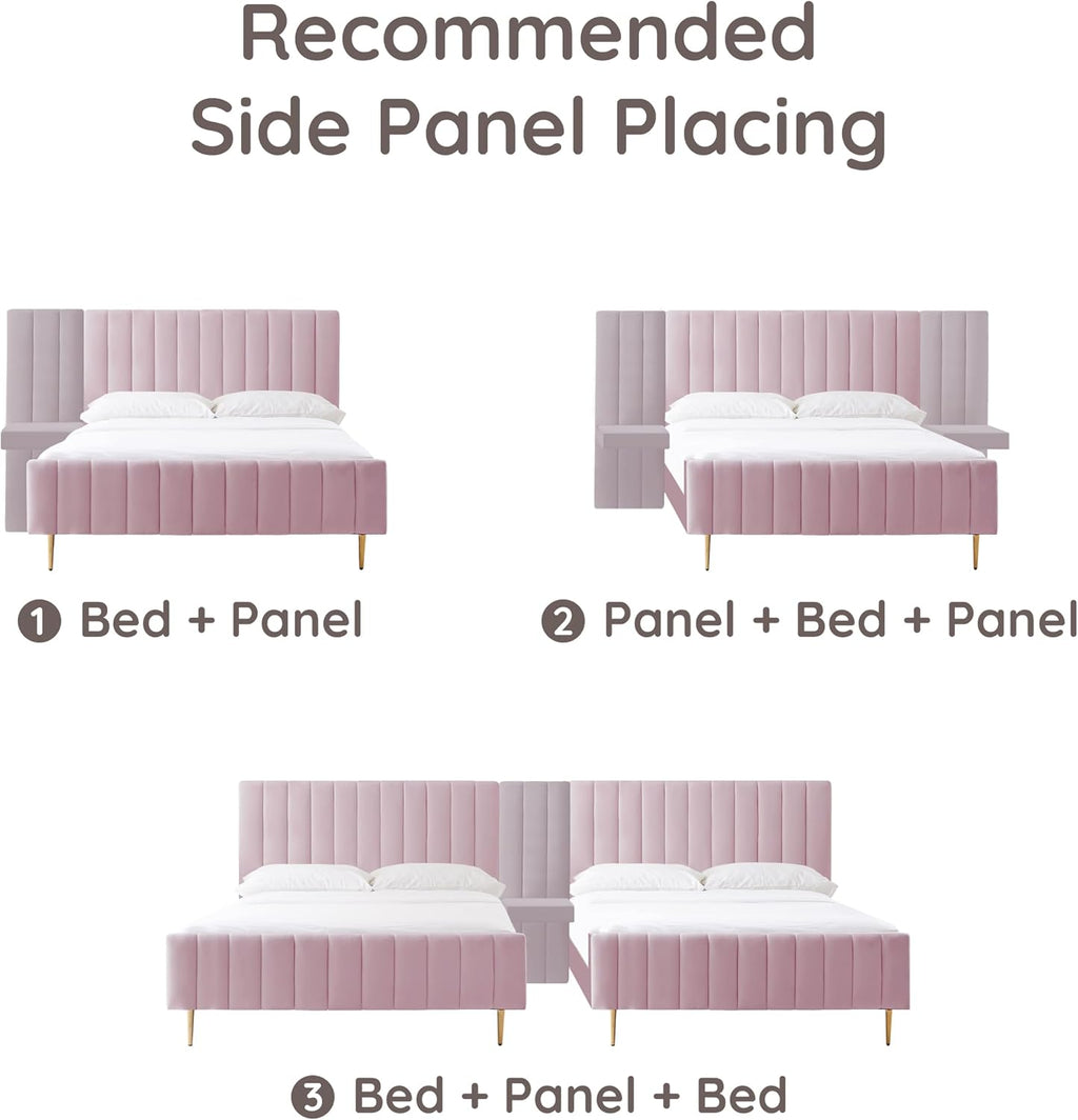 Livinia Twin Size Elton Velvet Platform Bed Set, Upholstered Bed Frame with Vertical Channel Tufted Headboard Footboard with Side Panel Nightstand, No Box Spring Needed, Pink (Twin)
