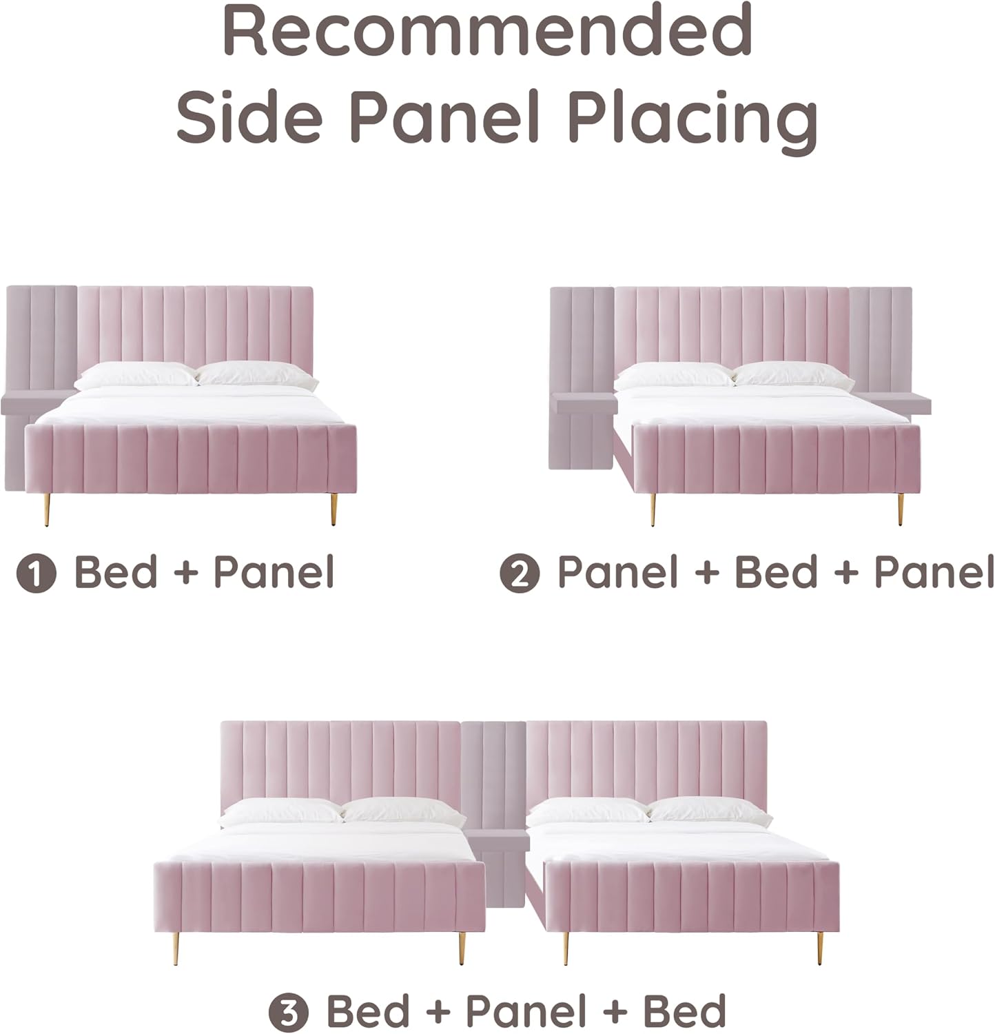 Livinia Twin Size Elton Velvet Platform Bed Set, Upholstered Bed Frame with Vertical Channel Tufted Headboard Footboard with Side Panel Nightstand, No Box Spring Needed, Pink (Twin)