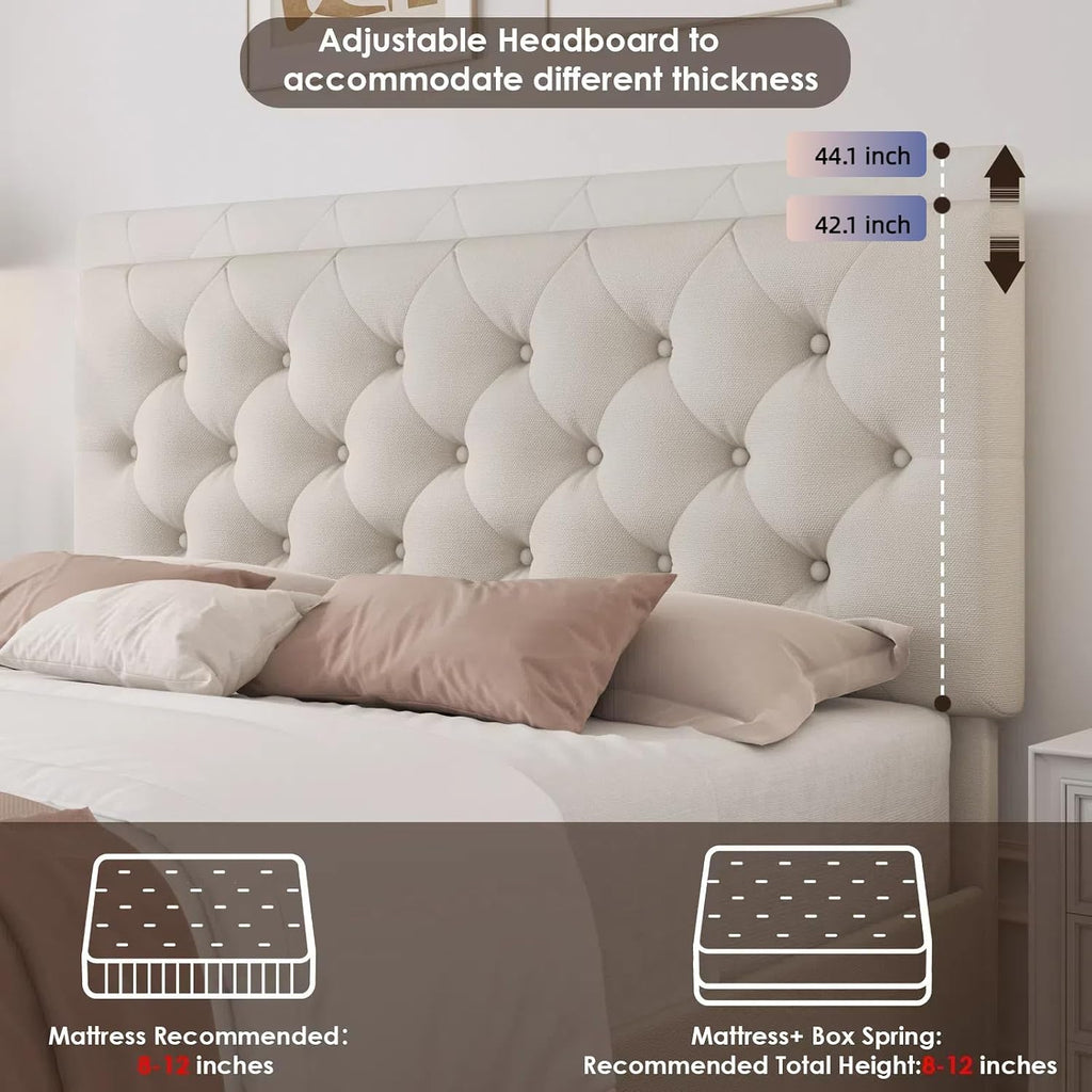 TTVIEW Queen Bed Frame with 4 Storage Drawers and Adjustable Headboard, Upholstered Platform Bed with Button Tufted Design, Strong Wooden Slats Support, No Box Spring Needed, Fabric, Cream