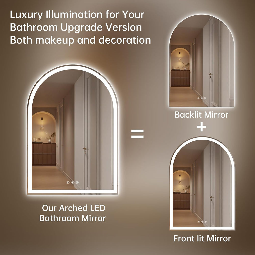 Arched Bathroom Mirror with Lights 28'x40'- Frameless LED Mirror for Bathroom, Fogless, Dimmable, 3 Color Changing, Shatterproof, Touch Sensor