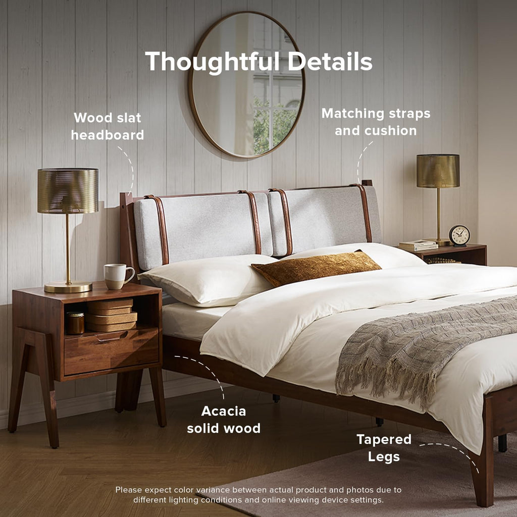 mopio Ted Bed Frame with Headboard, Mid Century Modern Acacia Solid Wood Platform Bed Frame, Wooden Slats, No Box Spring, Double Metal Bar Support (Solid Wood Upholstered, Queen (U.S. Standard))
