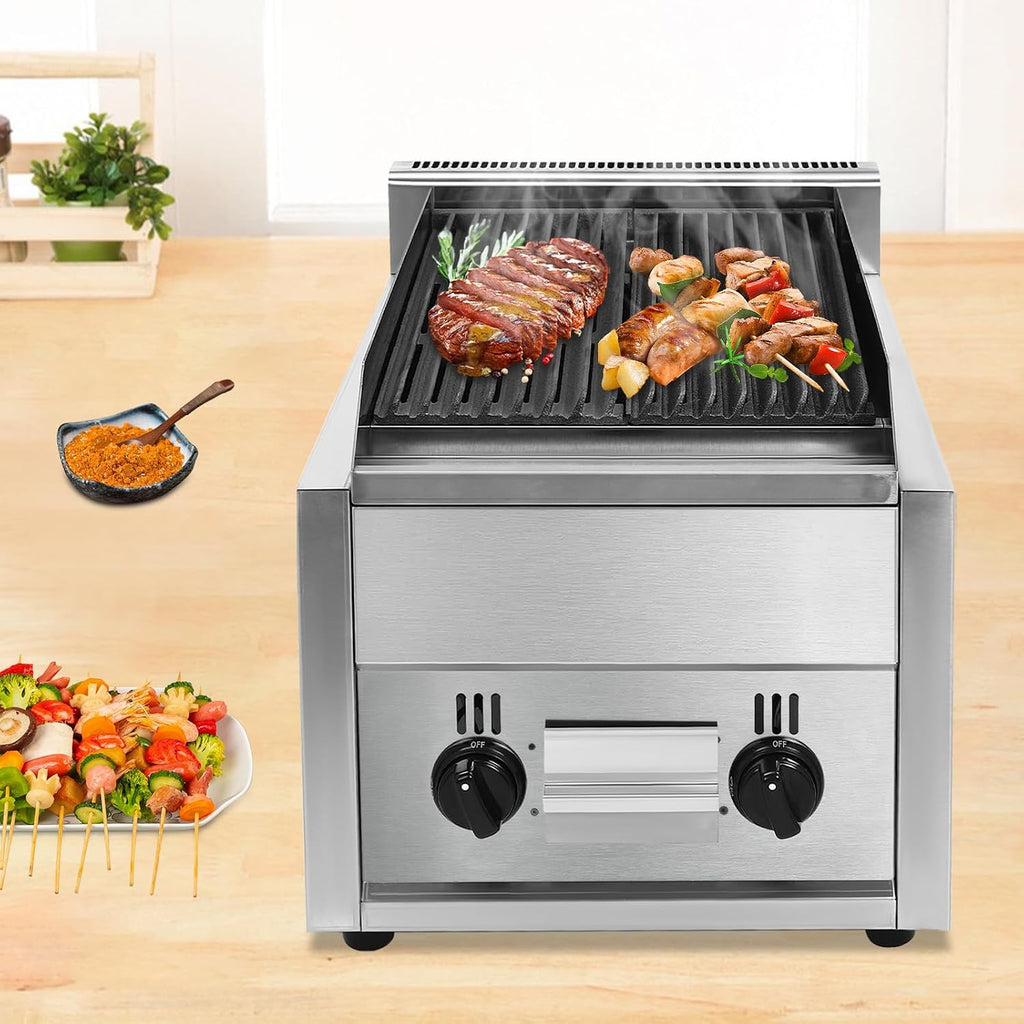 Commercial Gas Grill, Stainless Steel Commercial Countertop Gas Grills, Flat Top Griddle with 2 Separate Large Grill Pans & Adjustable Temperature for Canteens Western Restaurants