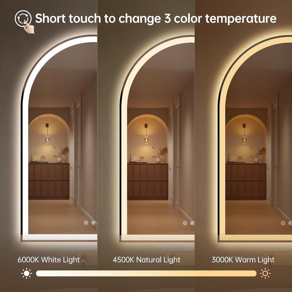 Arched Bathroom Mirror with Lights 28'x40'- Frameless LED Mirror for Bathroom, Fogless, Dimmable, 3 Color Changing, Shatterproof, Touch Sensor