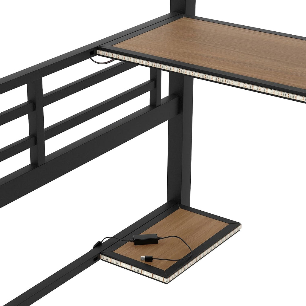 Ball & Cast Modern Full Size Loft Bed with Storage Shelve & LED Light,Metal Bedframe W/Built-in Desk & Computer Host Shelf,Space Saving,Child's and Adults' Bedroom Furniture for Studying Working,Black