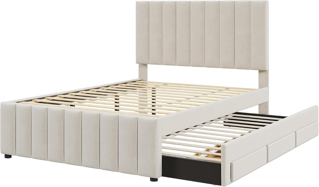 Merax Full Size Upholstered Platform Bed with Trundle and 3 Storage Drawers, Full Bed Frame & Tall Stripe Headboard for Bedroom, Solid Wood Slats Support, No Box Spring Needed, Easy Assembly, Beige