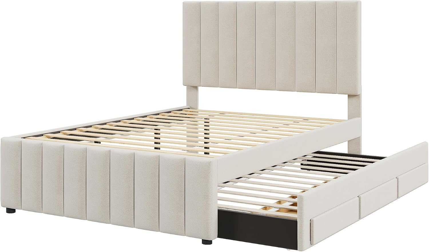 Merax Full Size Upholstered Platform Bed with Trundle and 3 Storage Drawers, Full Bed Frame & Tall Stripe Headboard for Bedroom, Solid Wood Slats Support, No Box Spring Needed, Easy Assembly, Beige