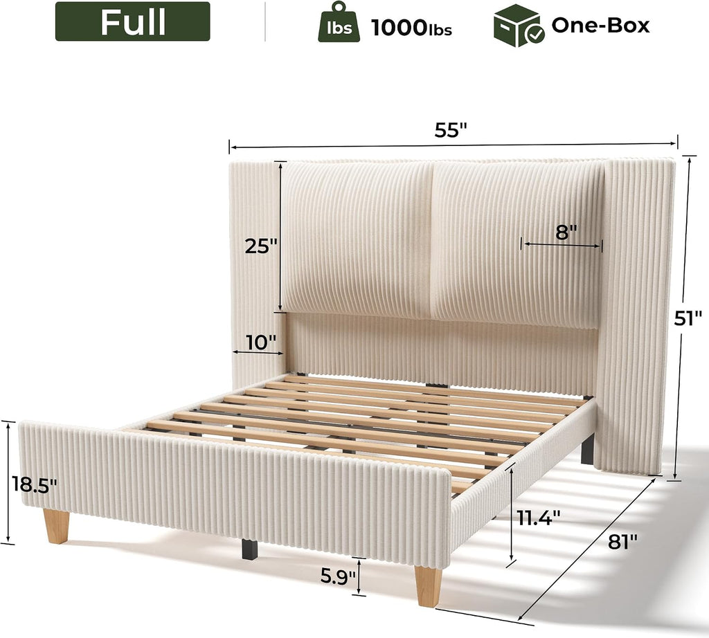 Full Upholstered Bed Frame with 51' Tall Headboard & Widened Corduroy Cushion,Modern Wingback Cloud BedFrame Platform, Easy Assembly, No Box Spring Needed, Cream
